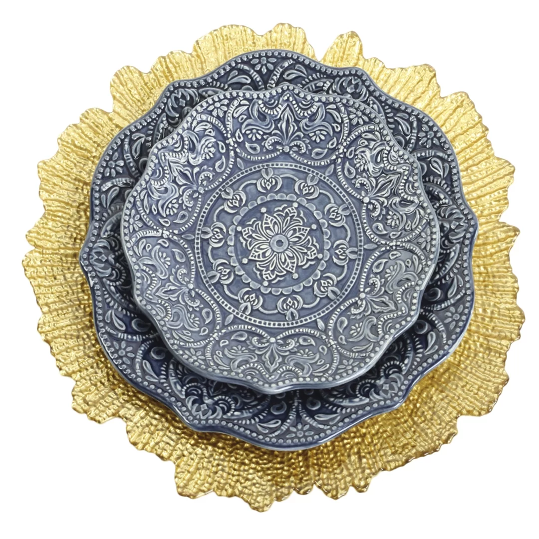 Koyal Wholesale Bulk Flora Glass Charger Plates, Set of 4, Gold, Starburst Charger Plates, Reef Charger Plates