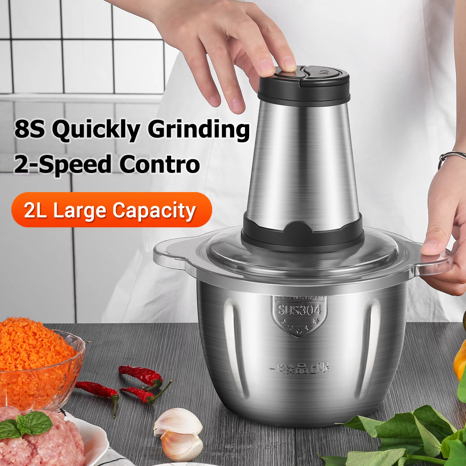 Electric Meat Grinder 2L Multi Function Stainless Steel Food Processor for Meat Vegetables Fruits Nuts 2-Speed Control Food Chopper for Home Kitchen Restaurants