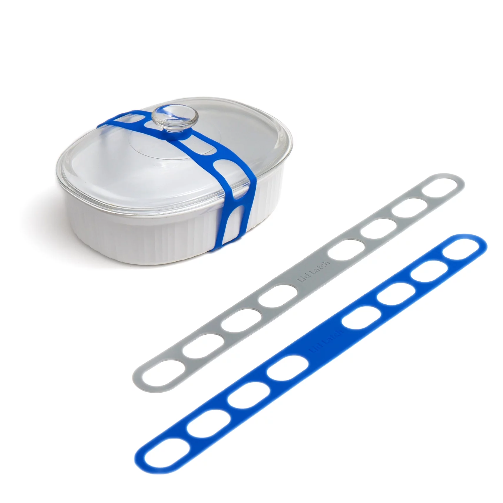 Lid Latch the reusable universal lid securing strap for crockpots, casserole dishes, pots, pans and more. Make it easy to transport your favorite dishes with one simple strap. (Blue/Grey)