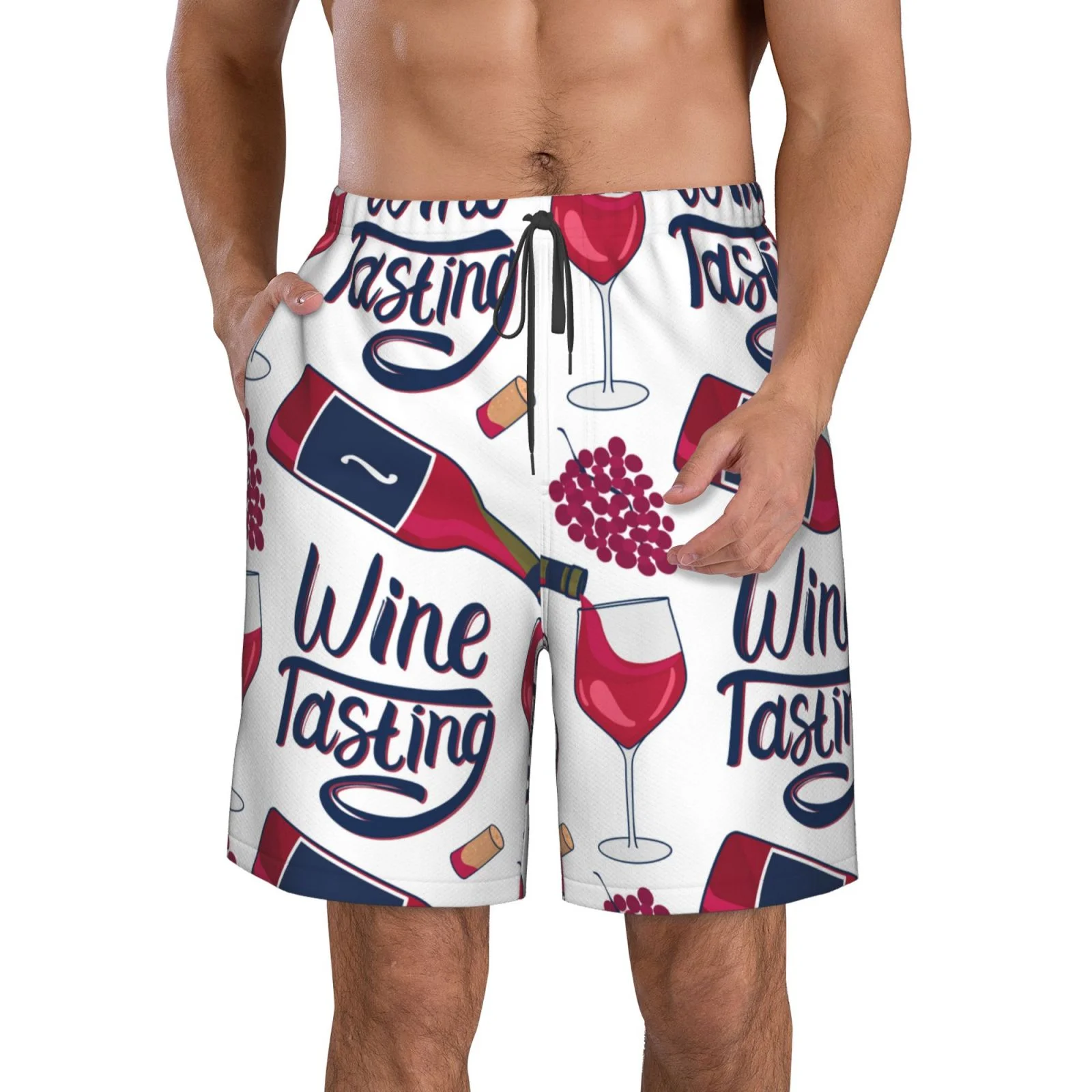 Kll Red Wine Glass Bottle Men'S Casual Summer Beach Shorts Hawaiian Shorts With Pockets-Small
