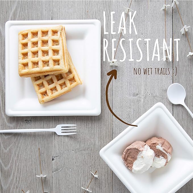 Brheez Heavy Duty Square Disposable Plates - 100% Biodegradable, Compostable Sugarcane, 8