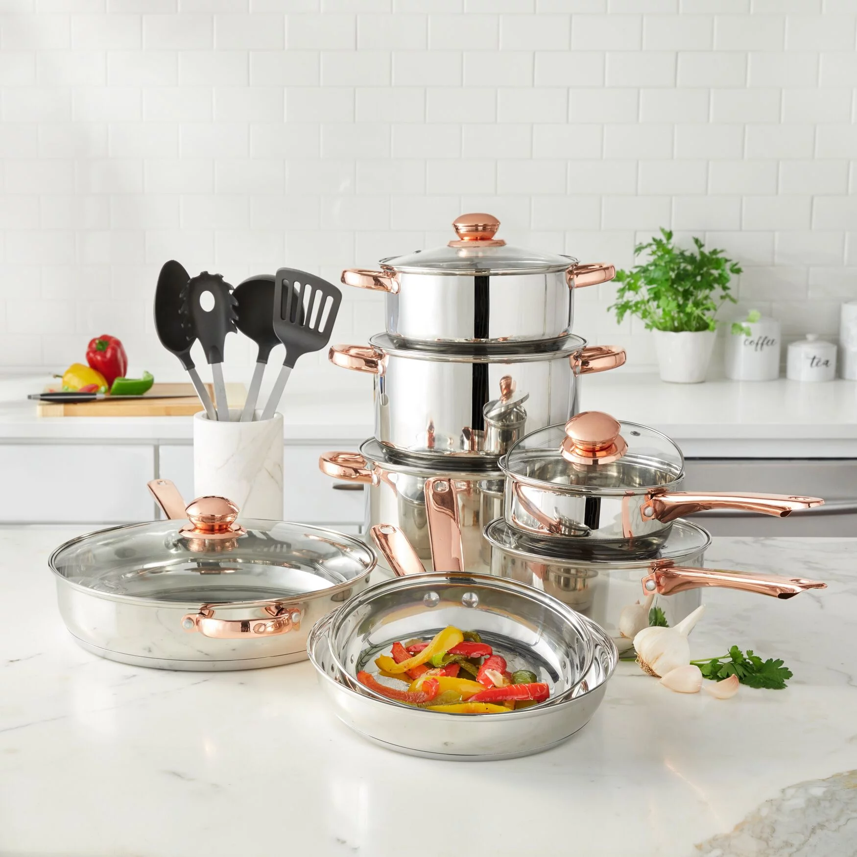 Brylanehome 18 Piece Copper Accent Stainless Set, Stainless Copper