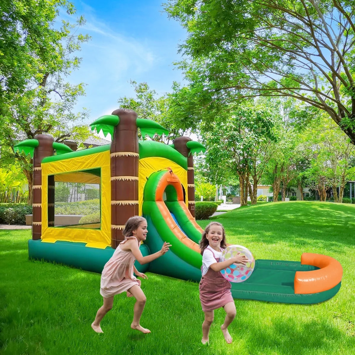 Pogo Bounce House Crossover Bounce House with Slide and Non-removable Splash Pool, Tropical, No Blower