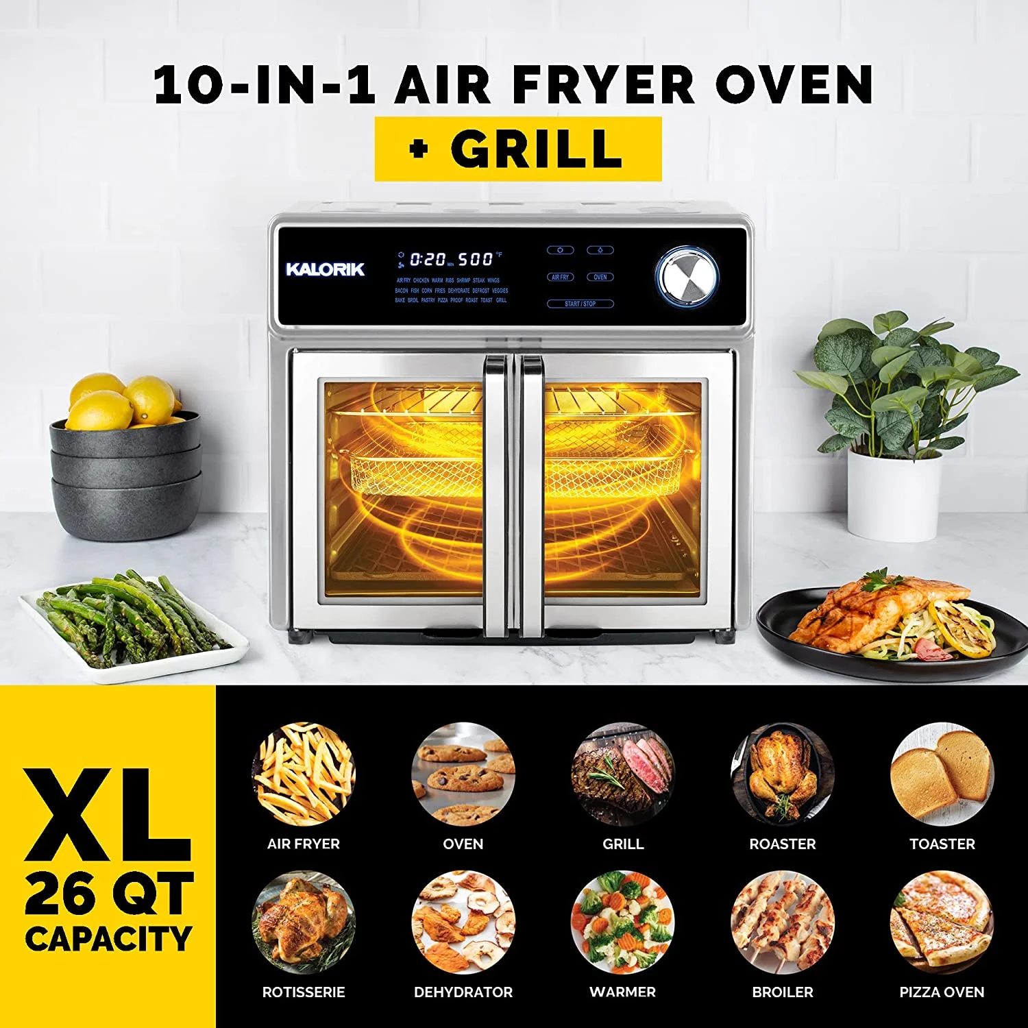 Kalorik MAXX Air Fryer Oven Grill Deluxe AFO 51041 SS |26 Quart Digital Smokeless Indoor Grill & Air Fryer Oven Combo Refurbished