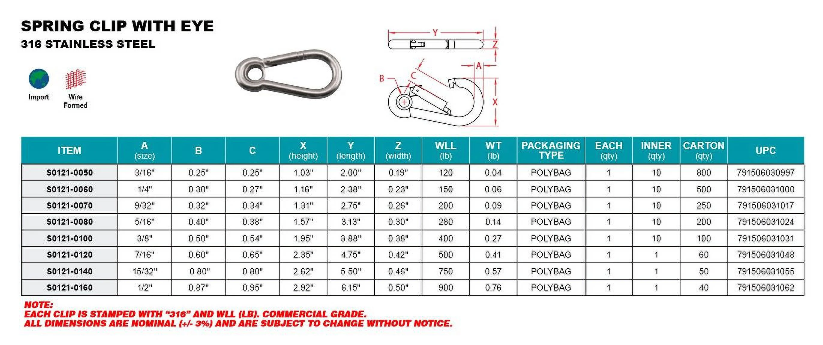 316 STAINLESS STEEL SPRING CLIP WITH EYE CARABINER 1/2