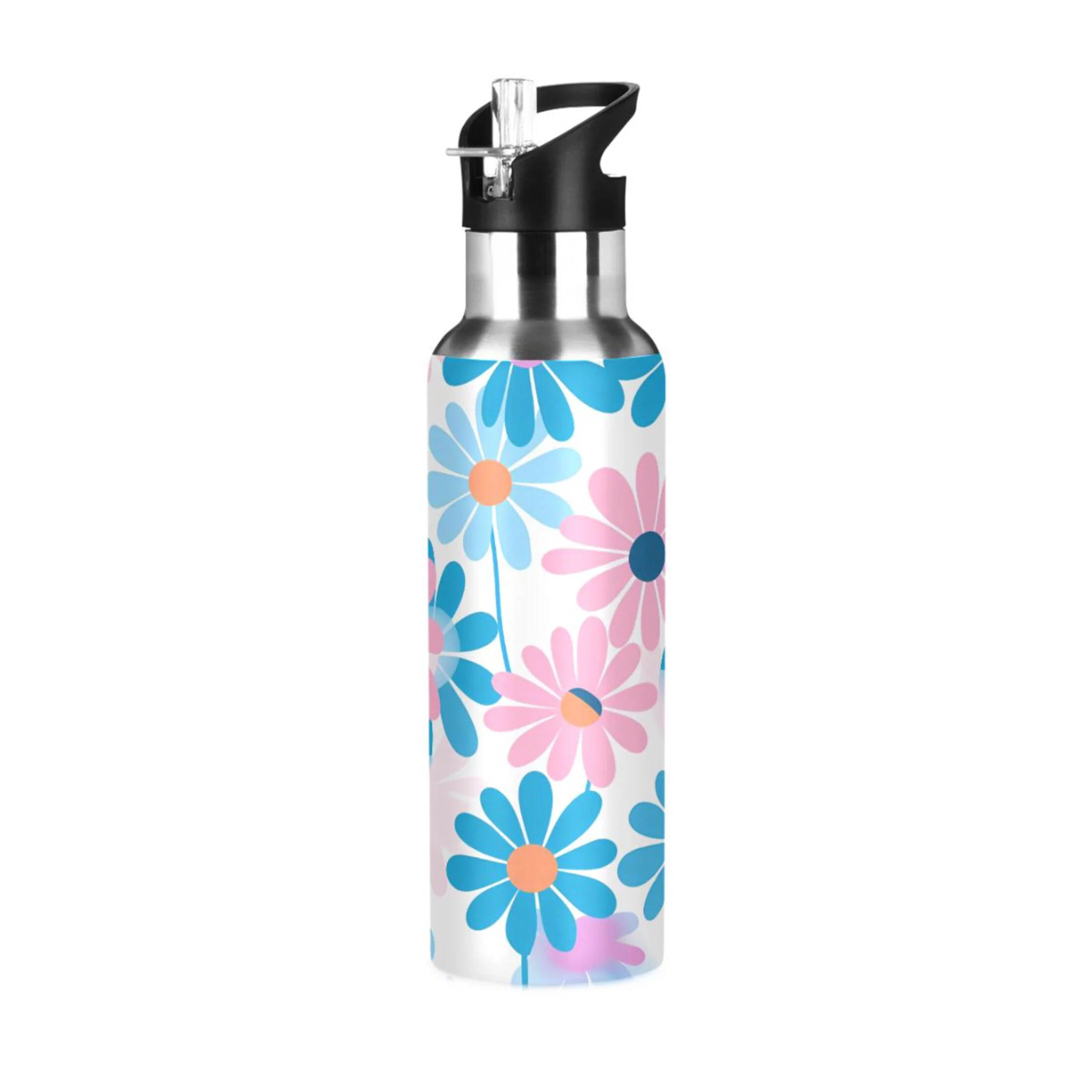 Water Bottle with Straw Lid Leak Blue and Pink Sunflowers Stainless Steel Insulated Thermos Vacuum Flask for Cold Hot Drinking for Sports Camping Gym Yoga