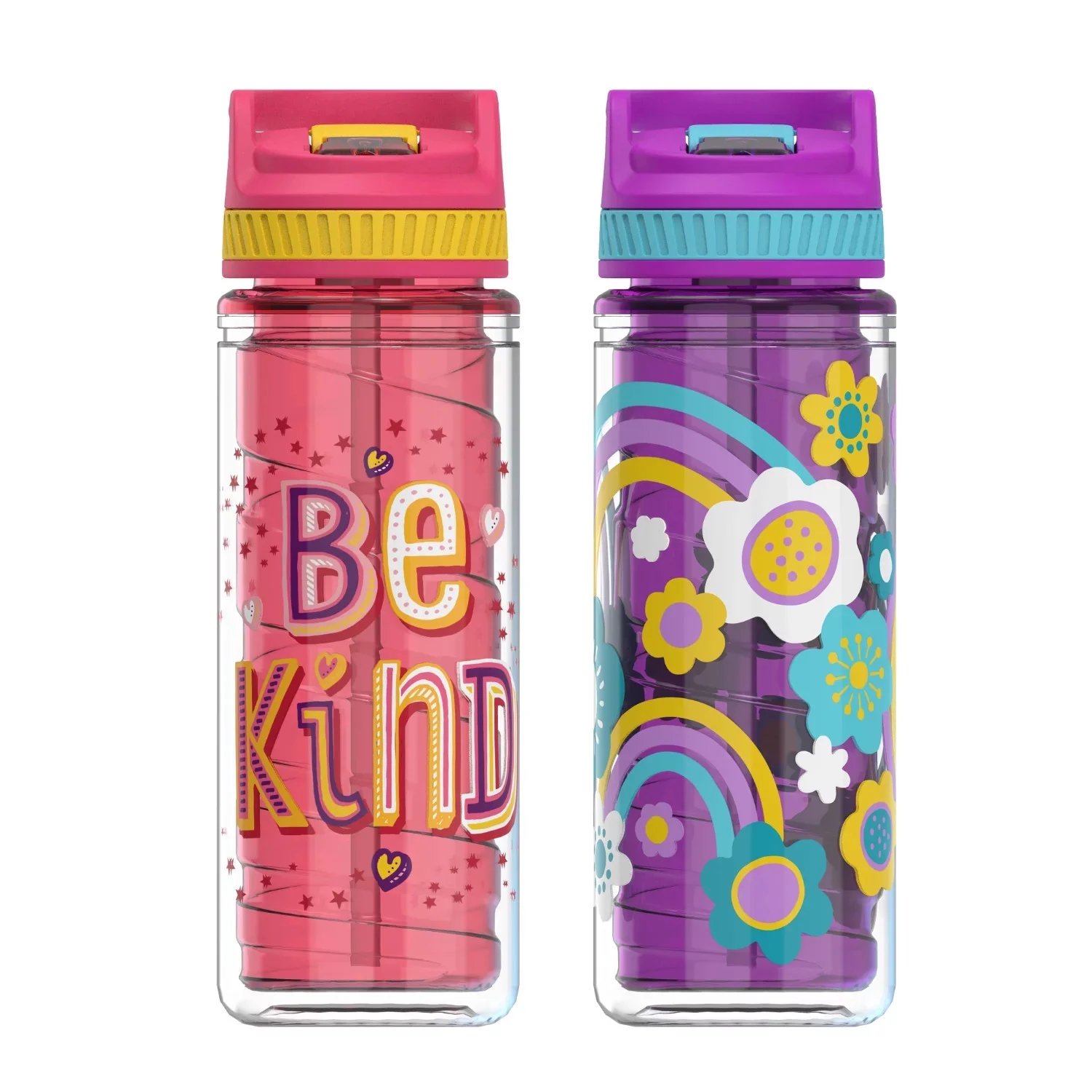 Cool Gear 2-Pack 16 oz Kid's Twist Water Bottle with Double Wall, Sipper Lid and Finger Loop Cap with Printed Design | Great for School, Sports, Outdoors, and More - Be Kind/ Flowers