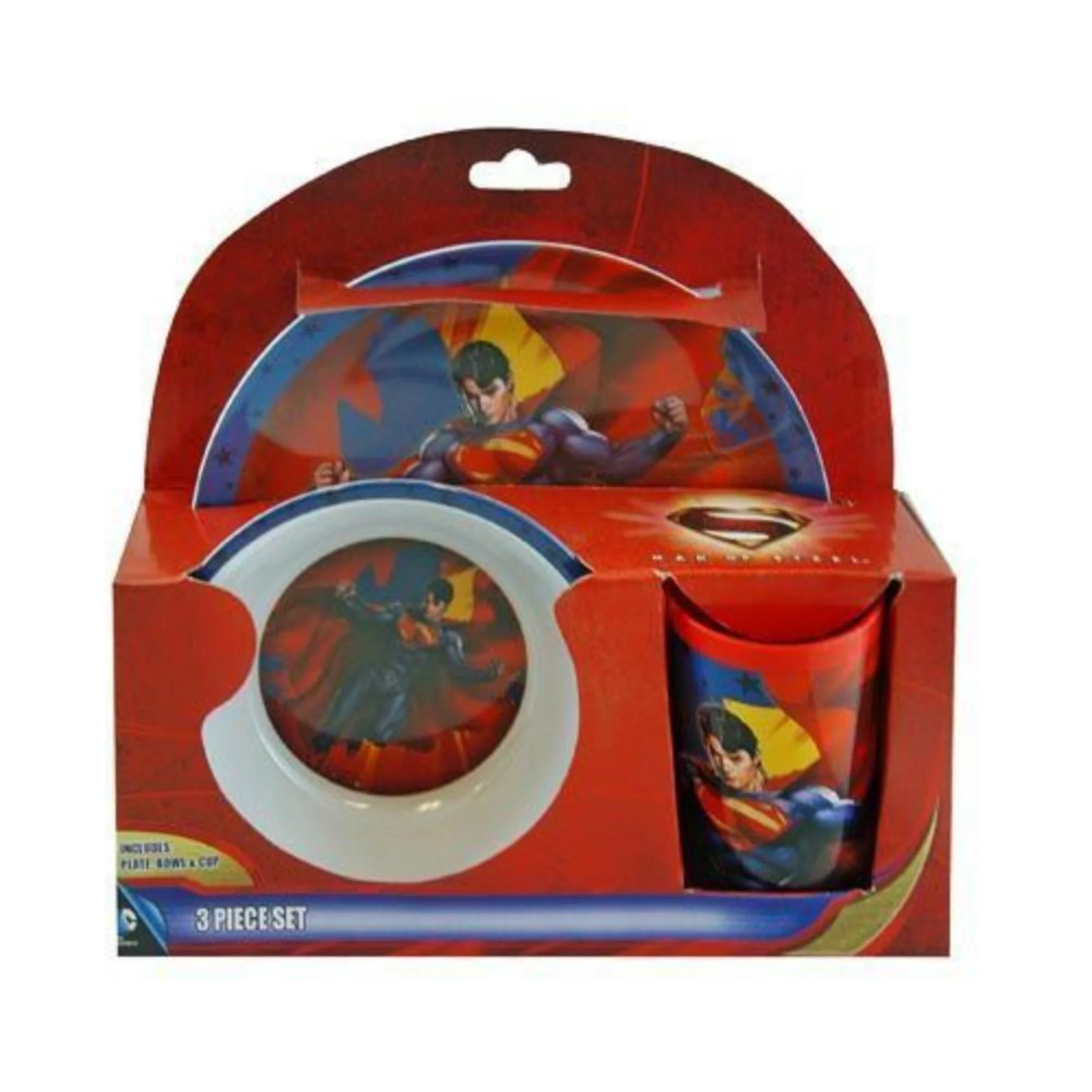 SUPERHERO Snack Size Melamine Plates and Bowls Sets Batman, Superman, Man of Steel, Caped Crusader  (SUPERMAN Dinner Set (3pc))