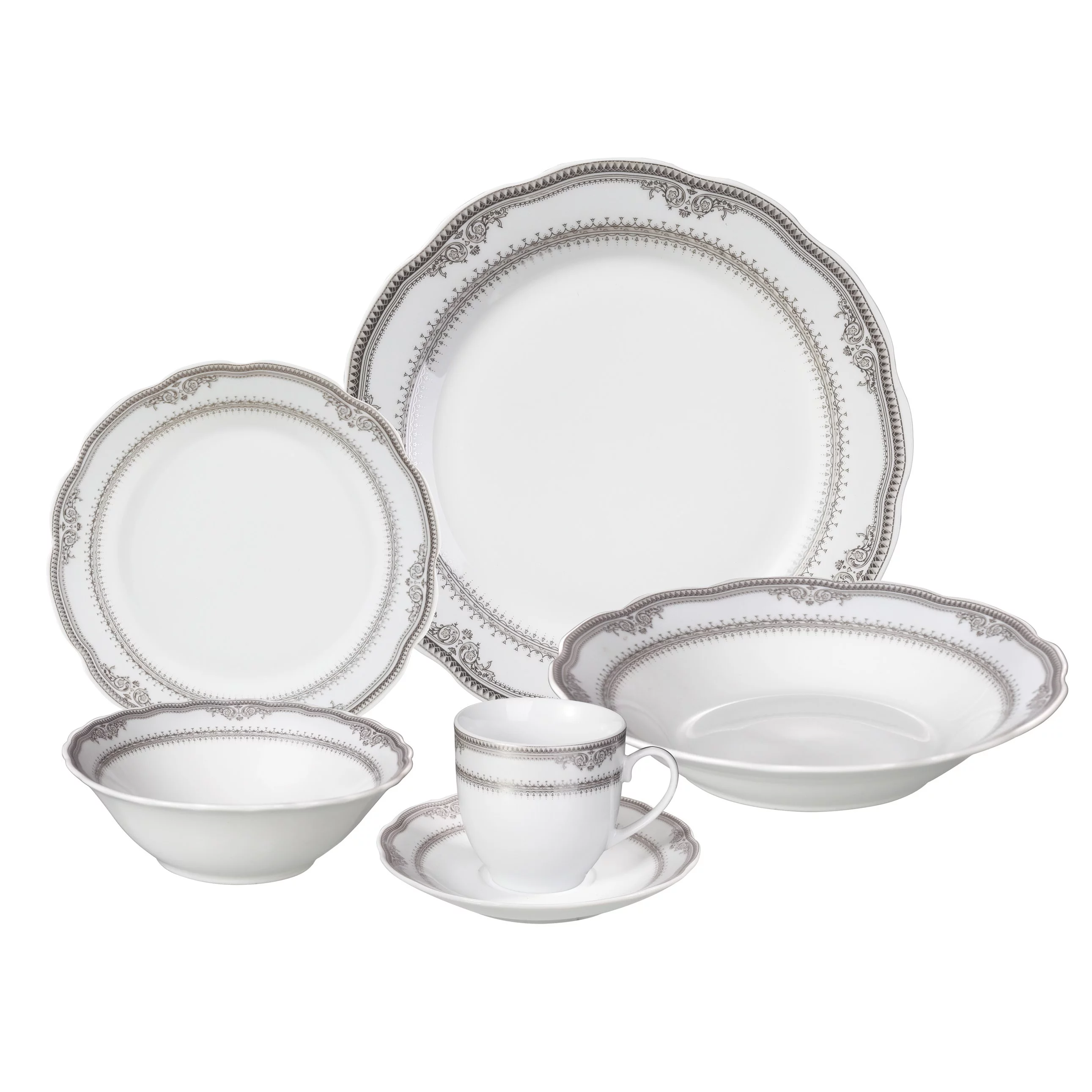 Lorren Home Trends 24 Piece Victoria Design Porcelain Wavy Edge Dinnerware Set, White