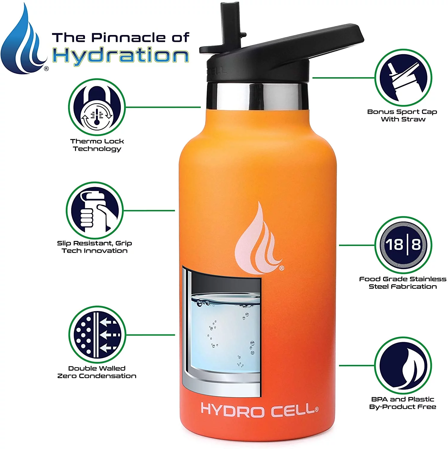 HYDRO CELL Stainless Steel Water Bottle w/Straw & Standard Mouth Lids