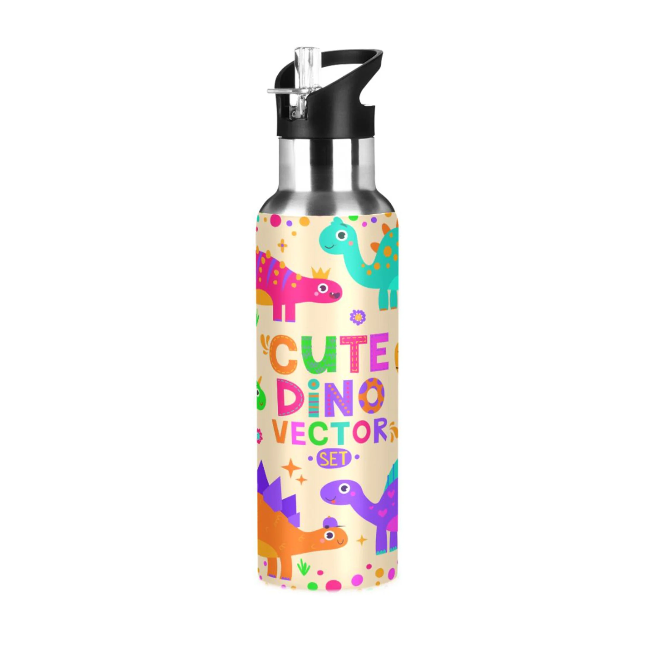 Stainless Steel Water Bottle Cute Dinosaurs Having Fun with Straw Lid Vacuum Insulated Keeps Hot and Cold Leak Proof Flask Jug for Gym Travel Sports Cycling Outdoor 20 OZ