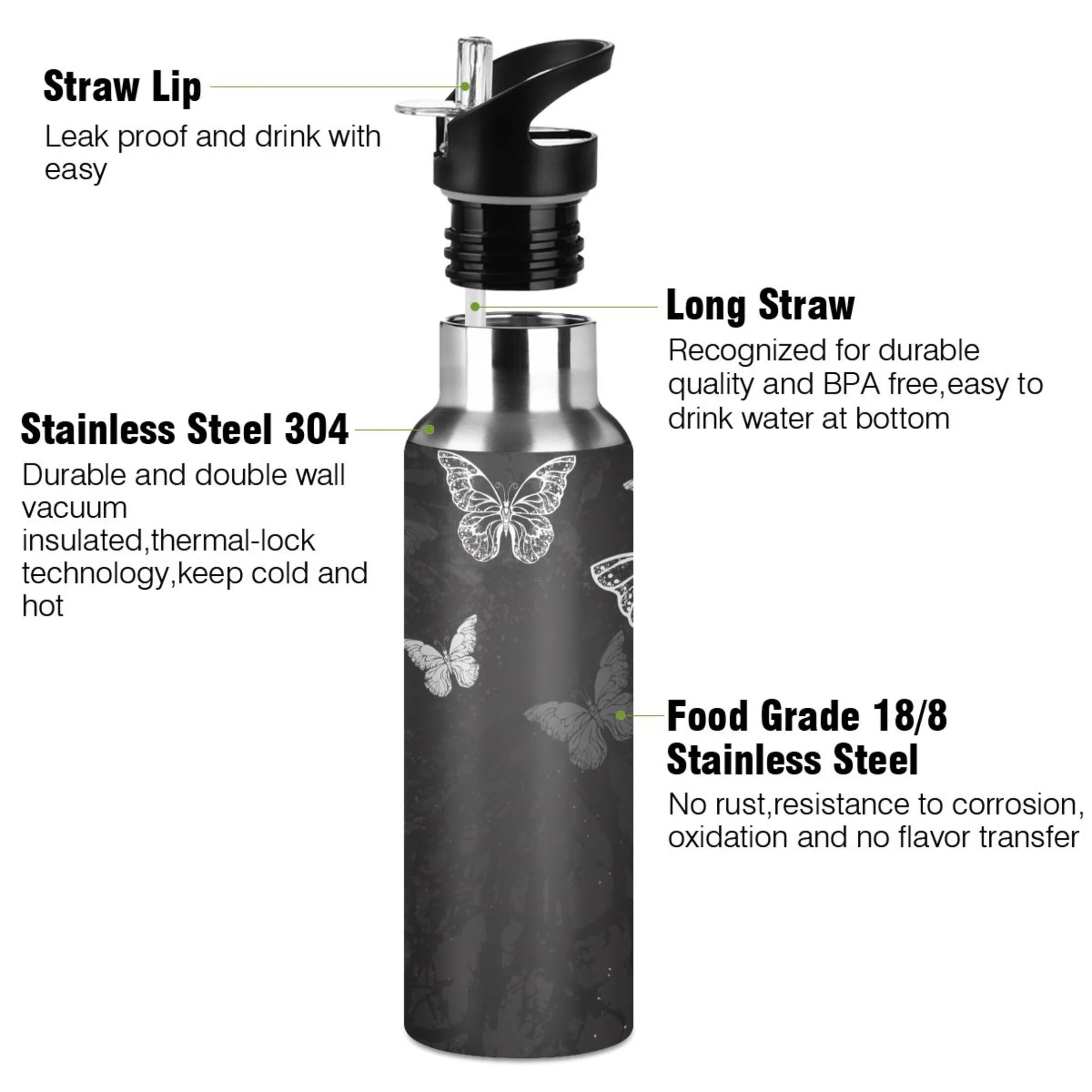 Butterflies on Black Water Bottles Insulated Thermos Kids Stainless Steel Bottle with Straw Lid Flask Leakproof for Sports Gym 20 oz