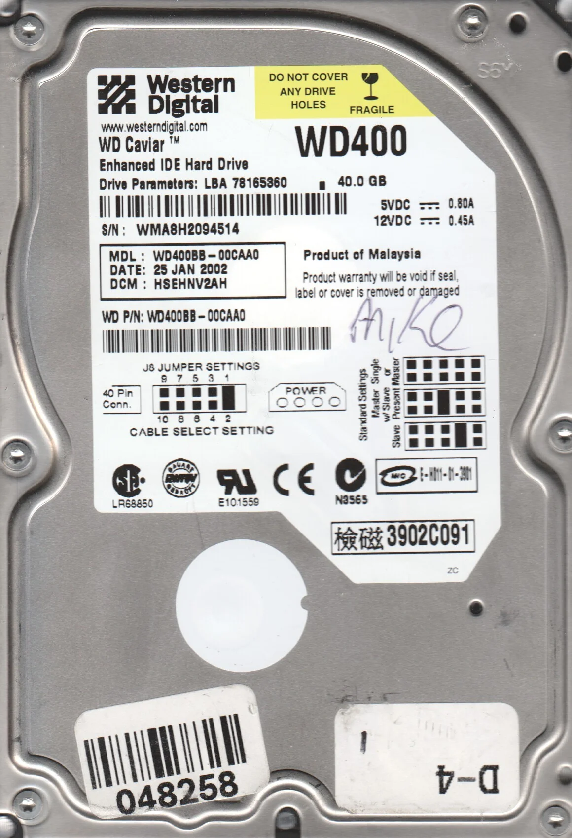 WD400BB-00CAA0, DCM HSEHNV2AH, Western Digital 40GB IDE 3.5 Hard Drive