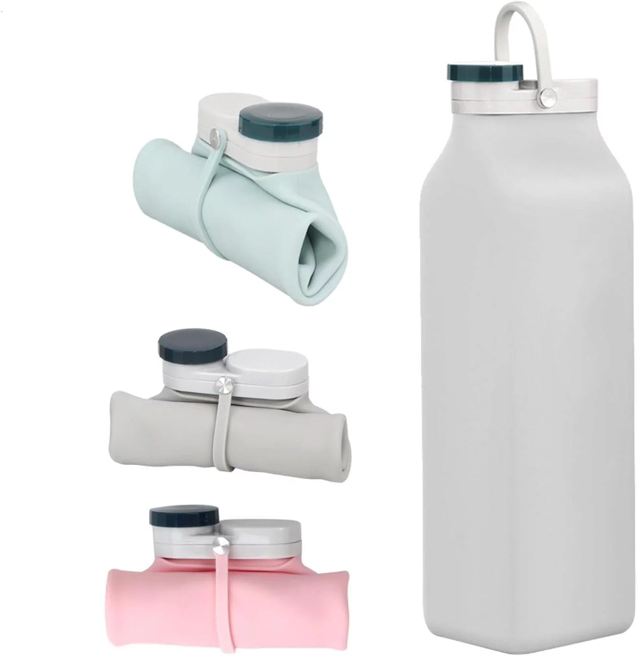 Collapsible Water Bottle,Silicone Collapsible Travel Cup,Portable Leak Proof Sports Water Bottle,600ml Large Capacity Collapsible with Hidden Handle for Travel Gym Camping Hiking Grey