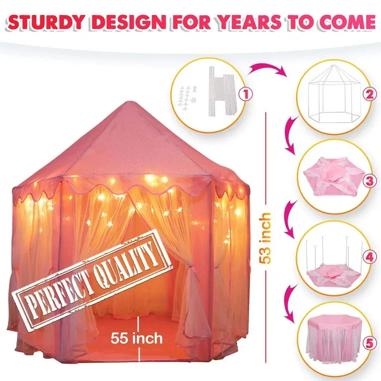 Princess Castle Playhouse Tent for Girls with LED Star Lights – Indoor & Outdoor Large Kids Play Tent for Imaginative Games – ASTM Certified, Princess Tent, 230 Polyester Taffeta. Pink 55