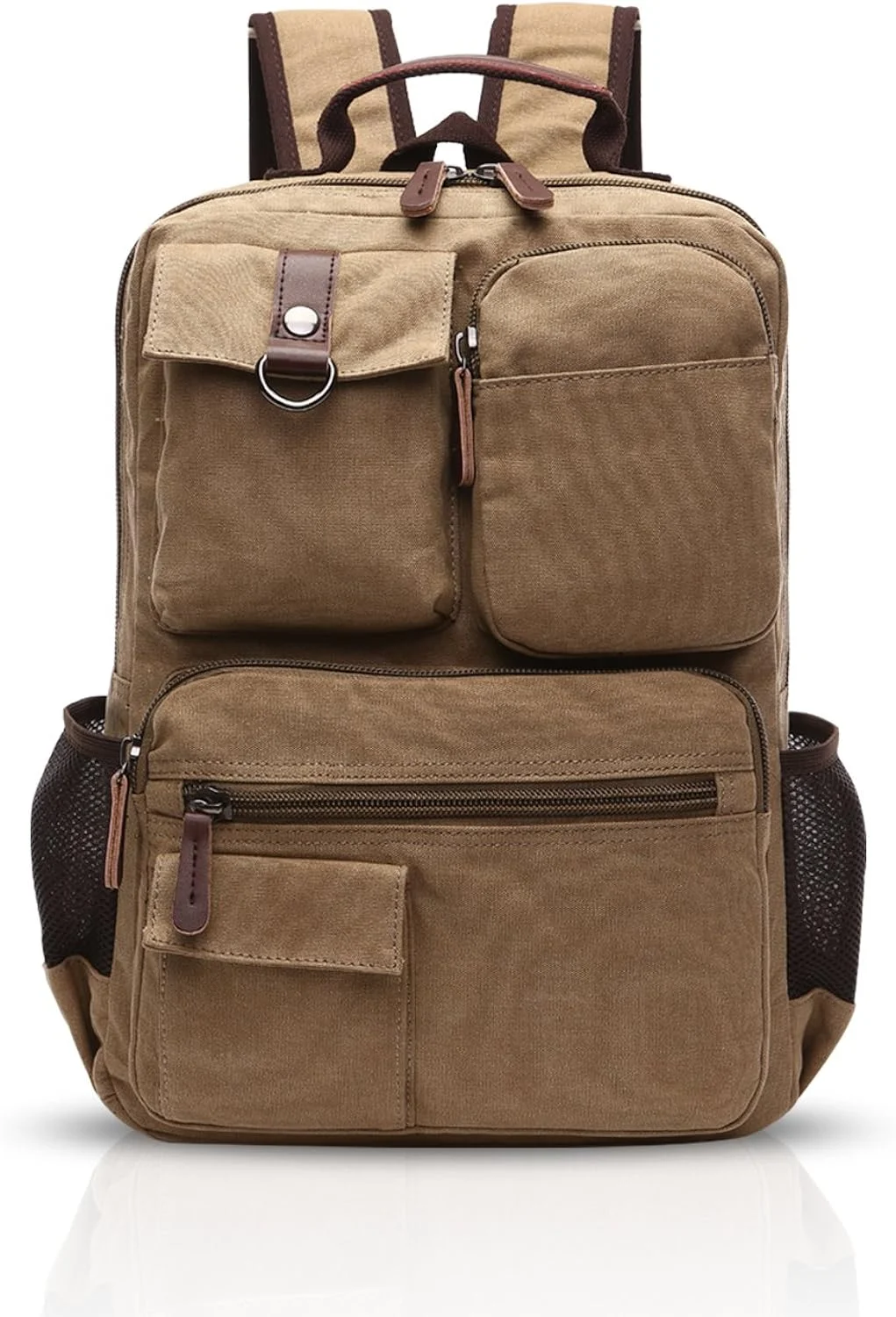 Retro Backpack Men Business Laptop Bag Student Multi-pocket Rucksack Outdoor Travel Daypack Breathable Canvas,Khaki