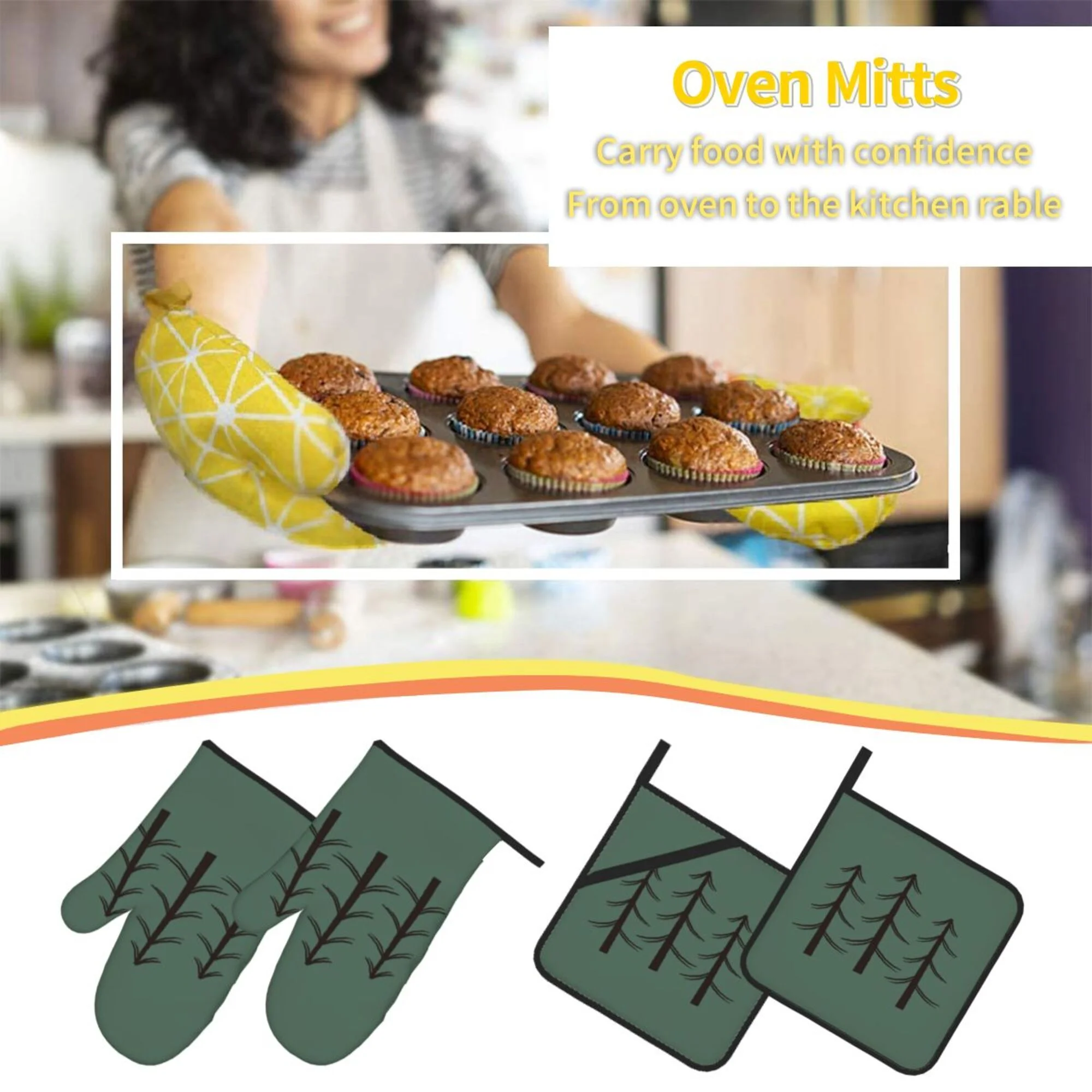 ZICANCN Oven Mitts and Pot Holders Sets,Simple Green Tree Baking Sets Kitchen Heat Resistant 4 Pieces