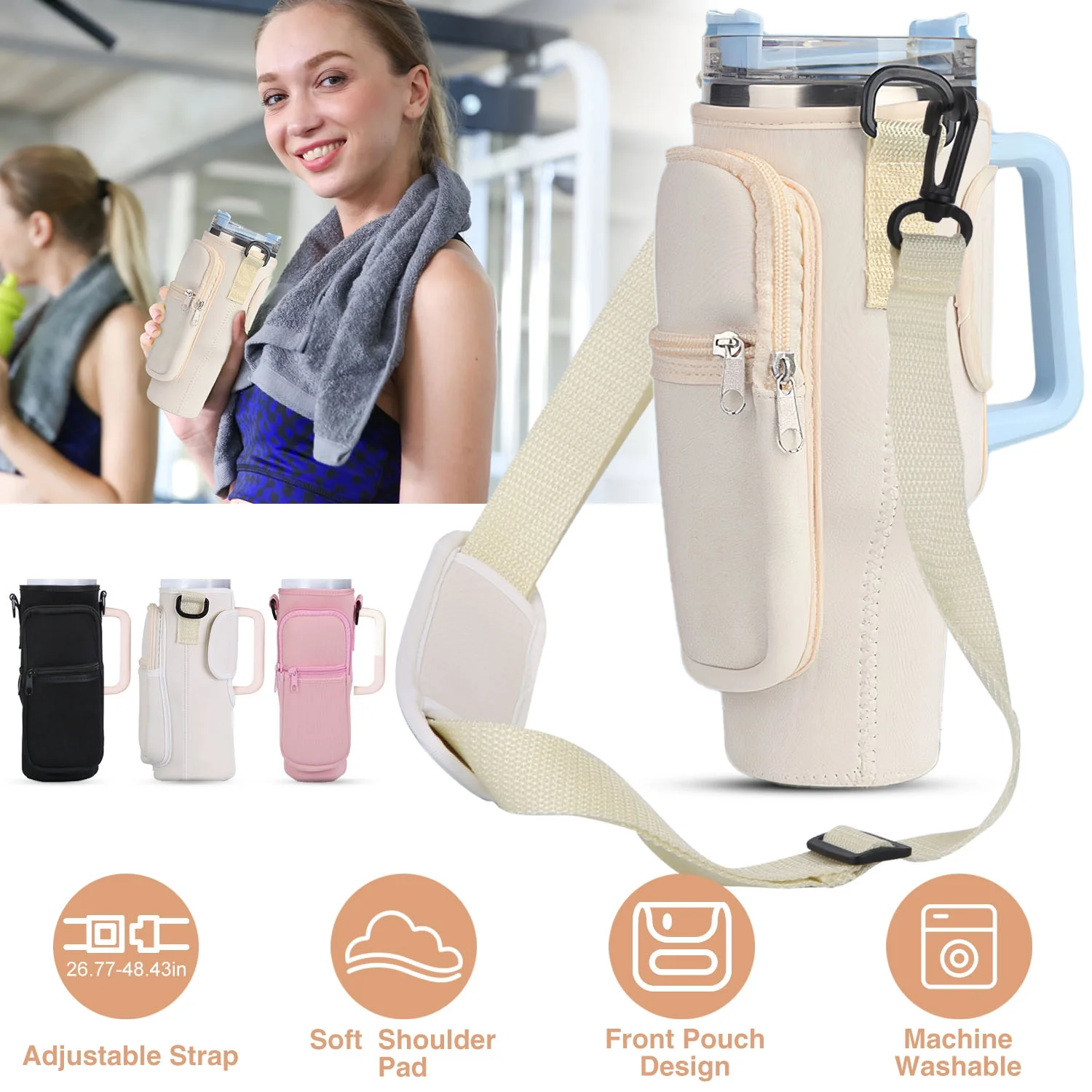 Water Bottle Carrier Bag iMounTEK Bottle Pouch Holder Adjustable Shoulder Hand Strap 2 Pockets Neoprene Sports Water Bottle Accessories for Hiking Travelling Camping Pink