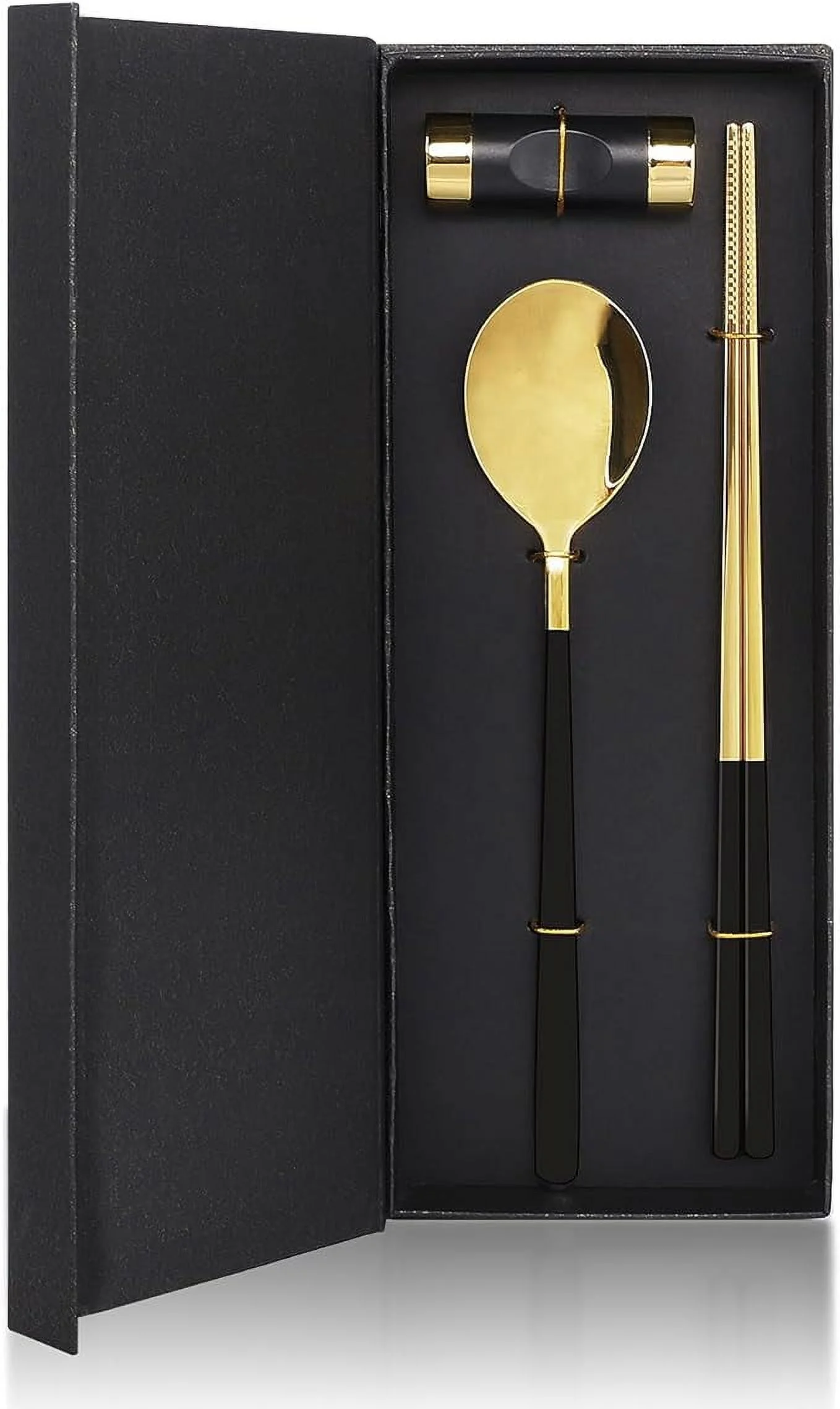 Stainless Steel Chopsticks Spoons and Chopsticks Holders, Dinner Flatware Gift Set (Black&Golden)