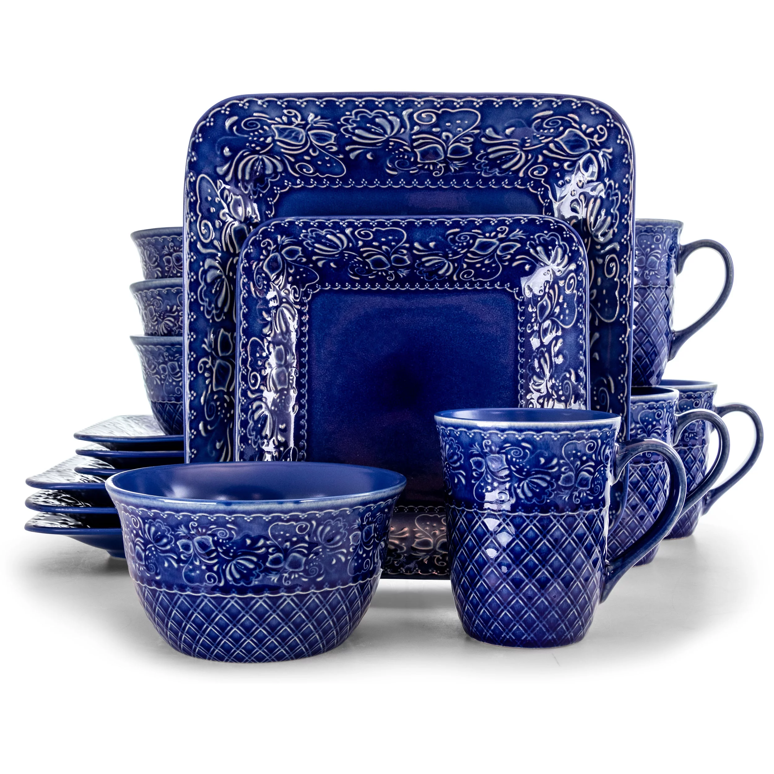 Elama Indigo Lotus 16 Pieces Square Dinnerware Set