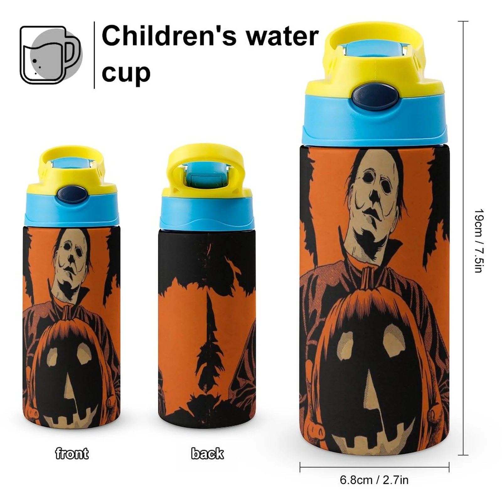 Michael Myers Pumpkin Kid's Insulated Water Bottle With Straw Vacuum Stainless Steel Cup Leak-Proof Children Toddler Thermoses