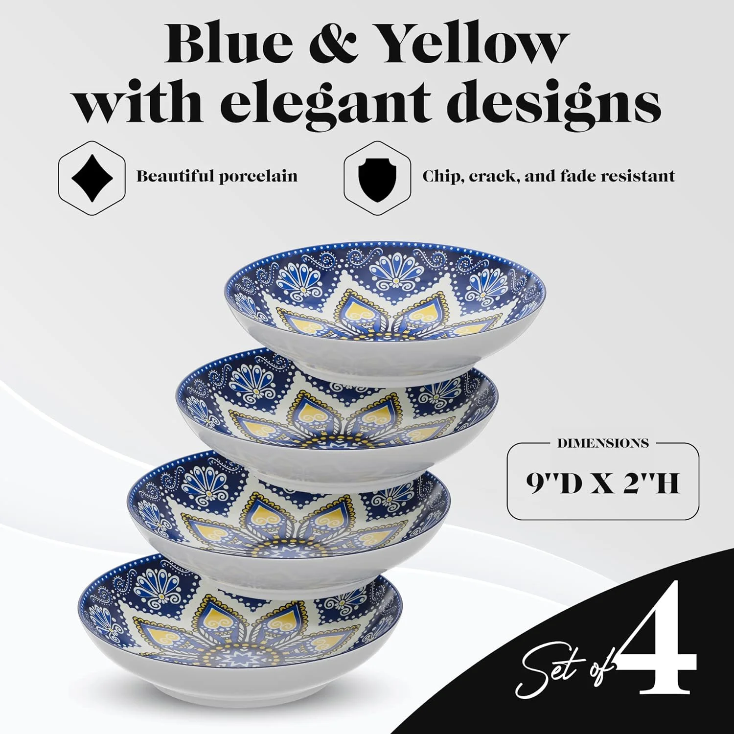 Pasa Bowls | Se Of 4 | Large, 9-Inch, Dinner Serving Plaes | Wide And Shallow Bowls Se For Pasa, Salad, Soup, Spaghei, Sews, Or Cereal | Blue & Yellow Medallion Moif