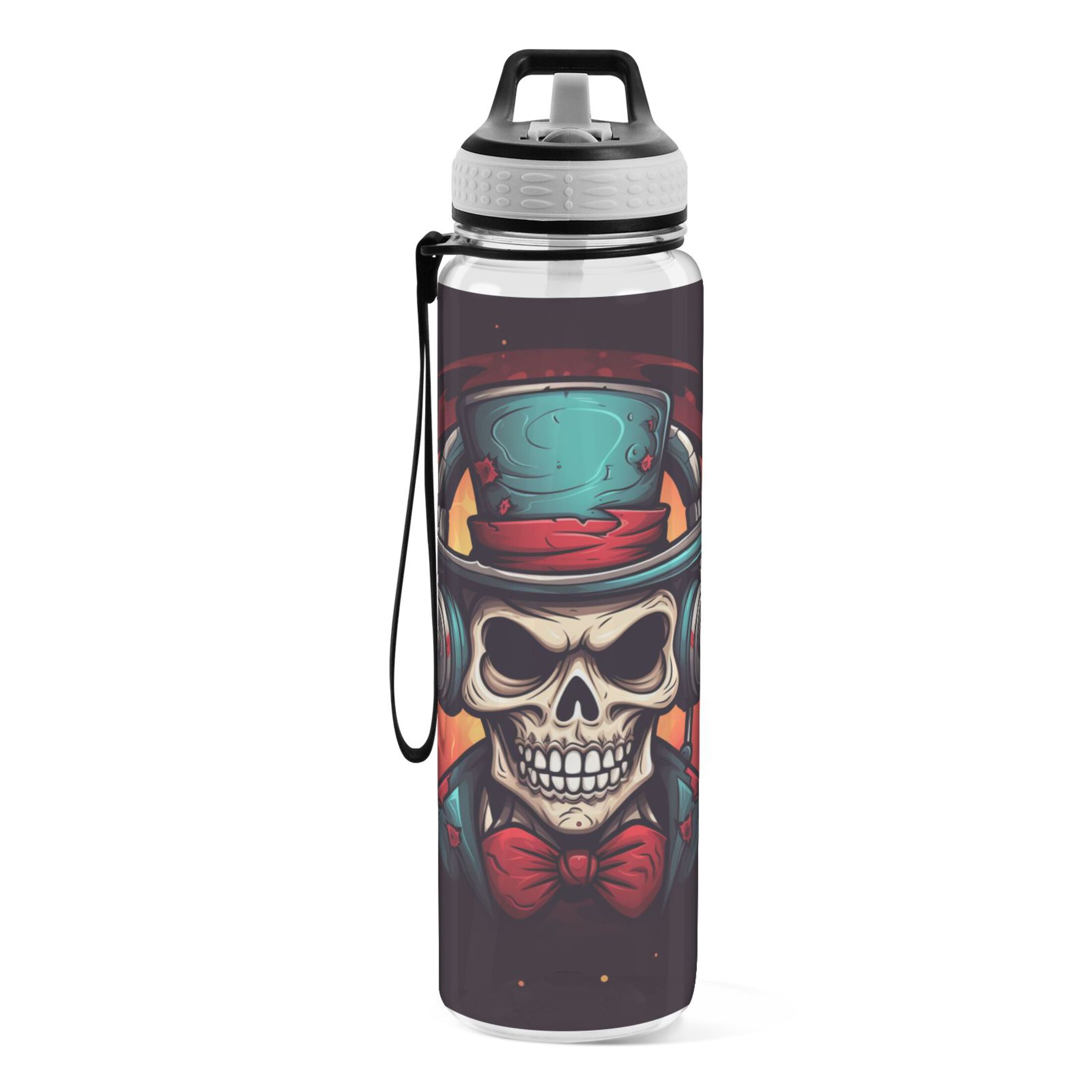 Cool Skeleton with Hat 32oz Sports Water Bottles Leakproof Tritan Bottle with Straw BPA Free Clear Bottle for Fitness Gym Outdoor Cycling