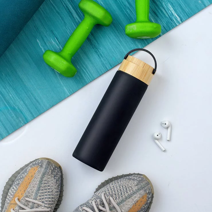 JoyJolt Glass Water Bottle with Silicone Sleeve & Carry Strap 20 oz - Black