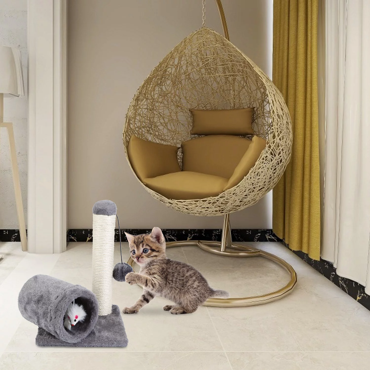 iMountek Cat Scratching Post Cat Kitten Sisal Scratch Post Toy with Tunnel & Lifelike Mouse Toy Pet Activity Play Fun