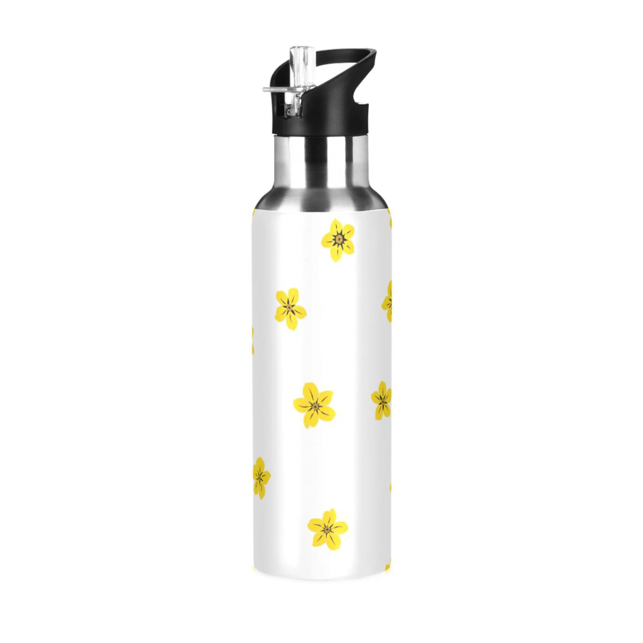 Floral Yellow Water Bottles Insulated Thermos Kids Stainless Steel Bottle with Straw Lid Flask Leakproof for Sports Gym 20 oz