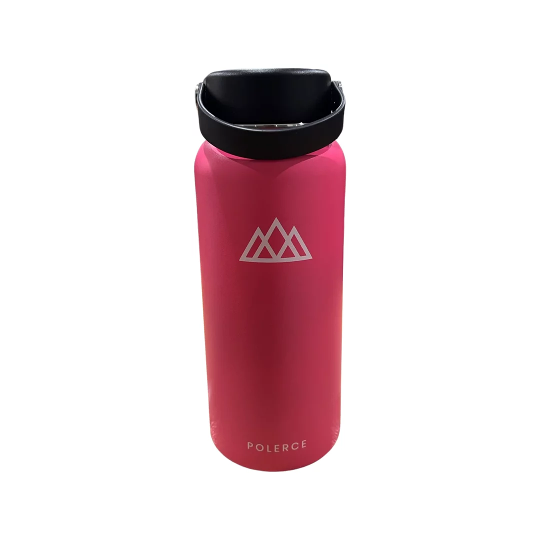Vacuum Insulated Bottle with 3 Lids - Stainless Steel Thermally Insulated Flask - 32 fl oz - Pink - by Polerce