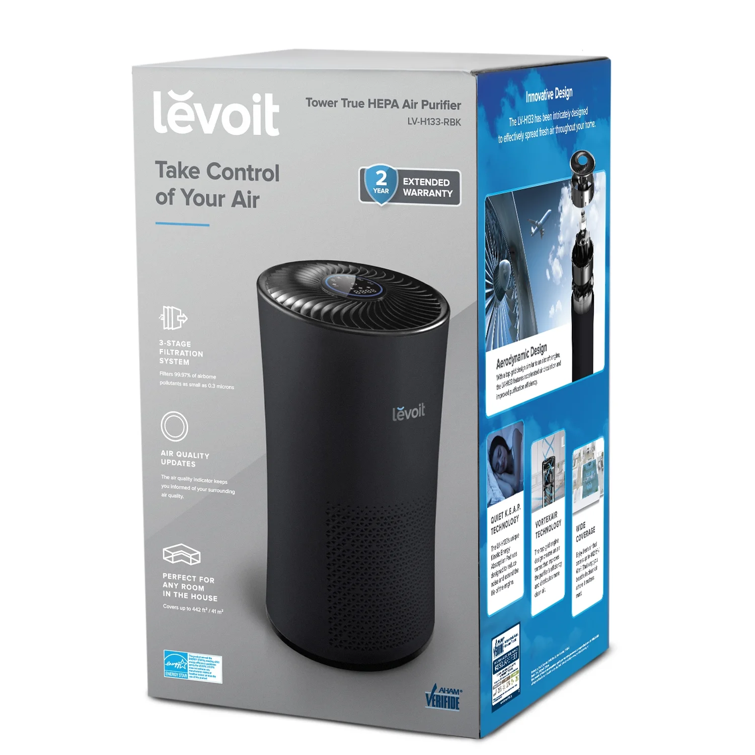 Levoit Tower True HEPA Air Purifier for Home, Large Room, 538 sq ft, Black