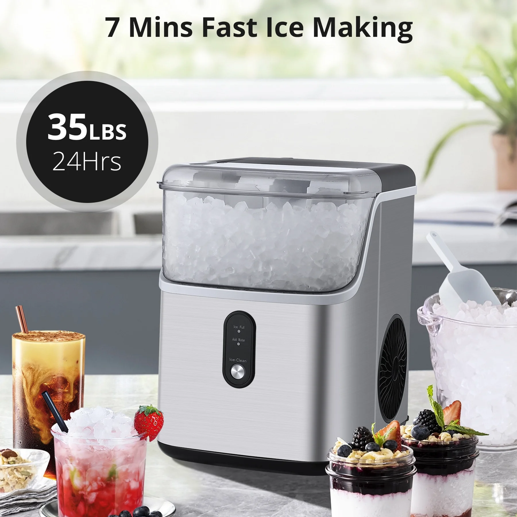 Homhougo—Nugget Ice Maker Countertop, Self-Cleaning Ice Machine Makes 35lb Ice in 24 Hrs, Stainless Steel