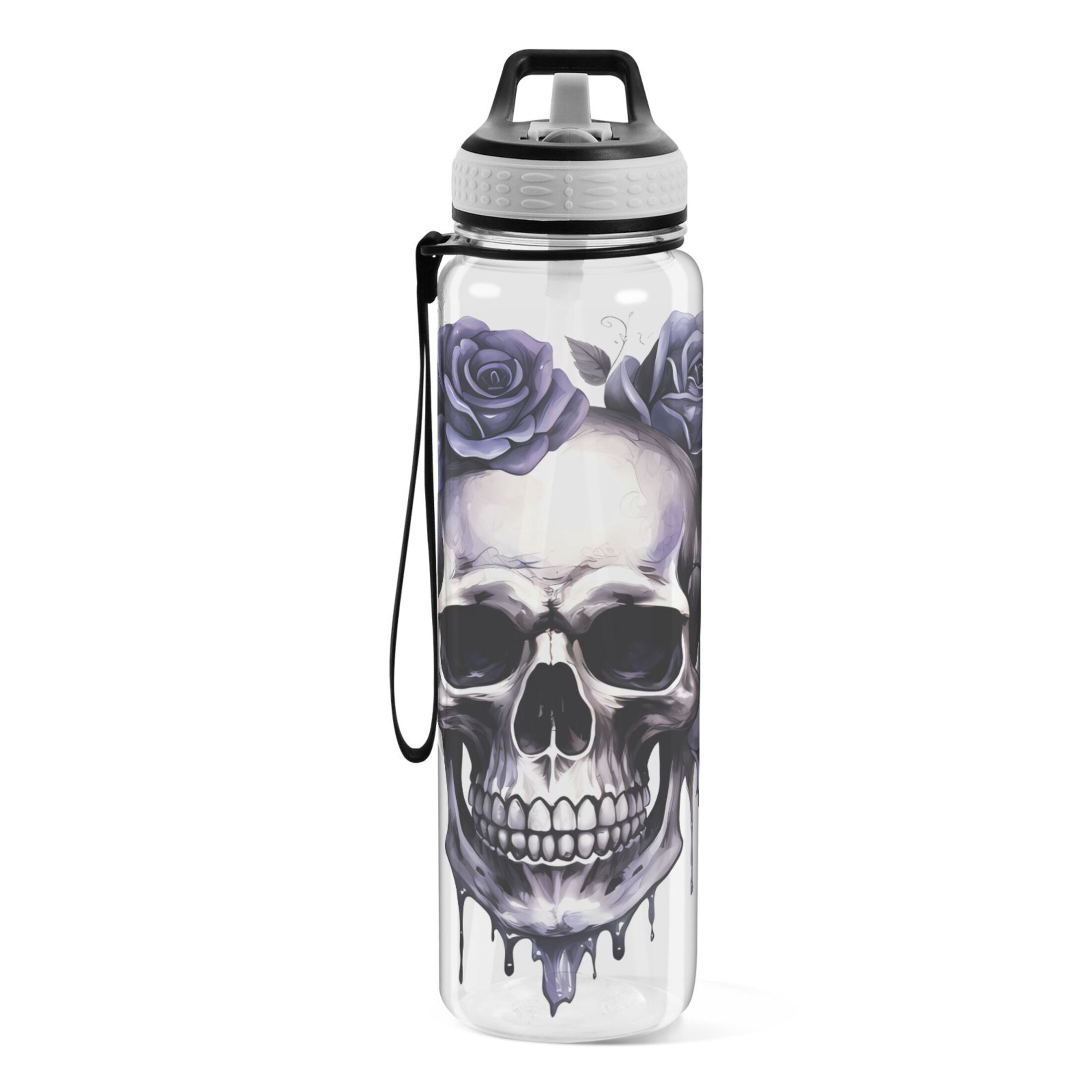 Skeleton with Purple Flowers 32oz Water Bottles with Straw Tritan Leakproof Sports Bottle BPA Free Clear for Fitness Gym Swimming Cycling