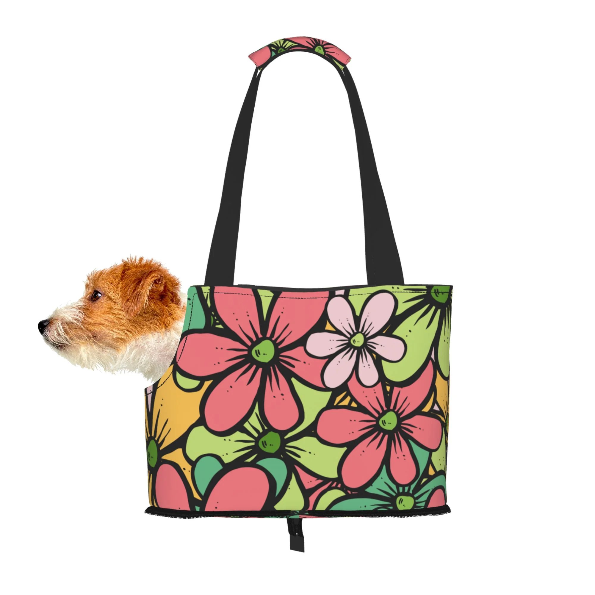 TEQUAN Foldable Dog Purse Carrier, Collapsible Cartoon Colorful Floral Prints Pet Travel Tote Bag for Small Cat Puppy, Waterproof Dog Soft-Sided Carriers