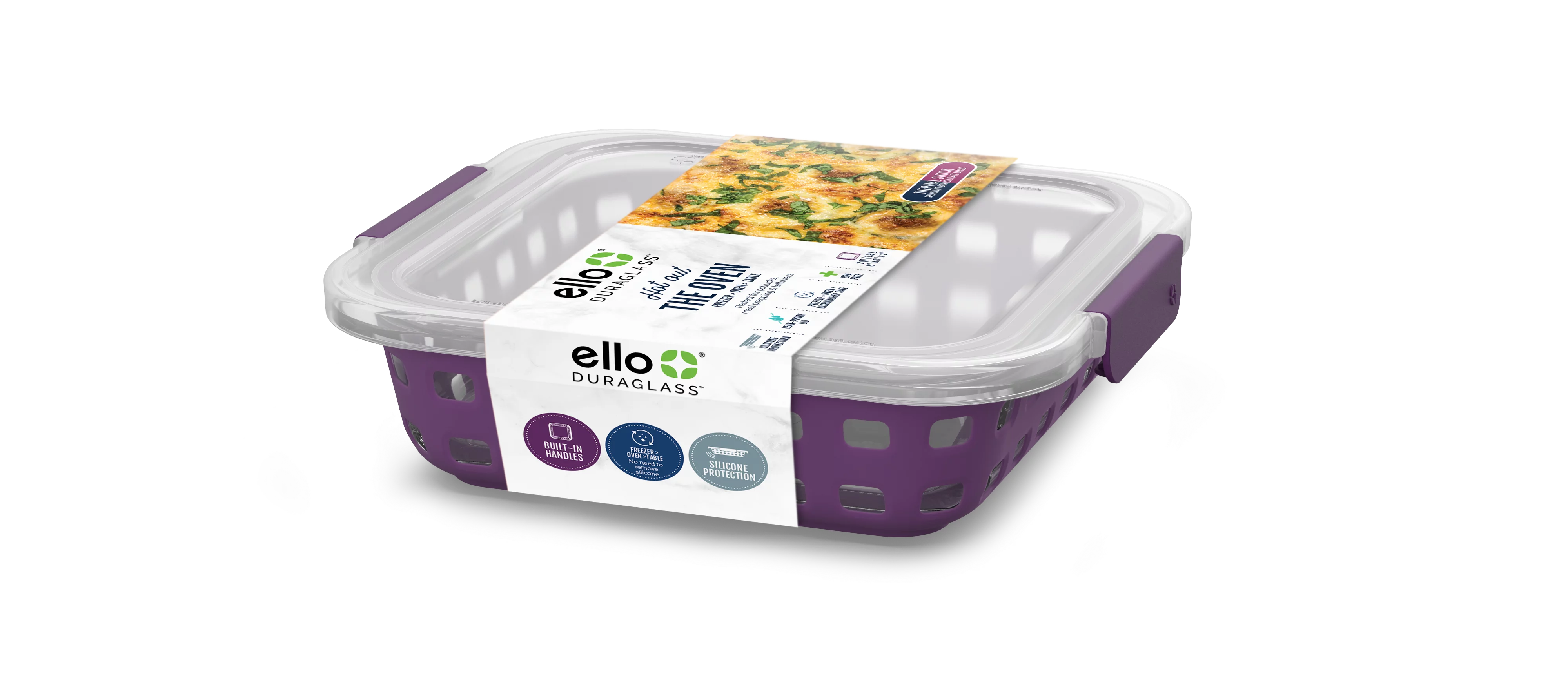 Ello Glass 2 Qt 8x8 Plum Purple Duraglass Baking Dish with Oven Safe Silicone Sleeve