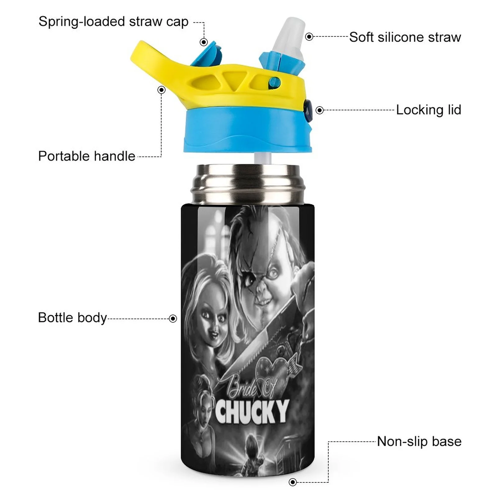 Bride Of Chucky Kid's Insulated Water Bottle With Straw Vacuum Stainless Steel Cup Leak-Proof Children Toddler Thermoses