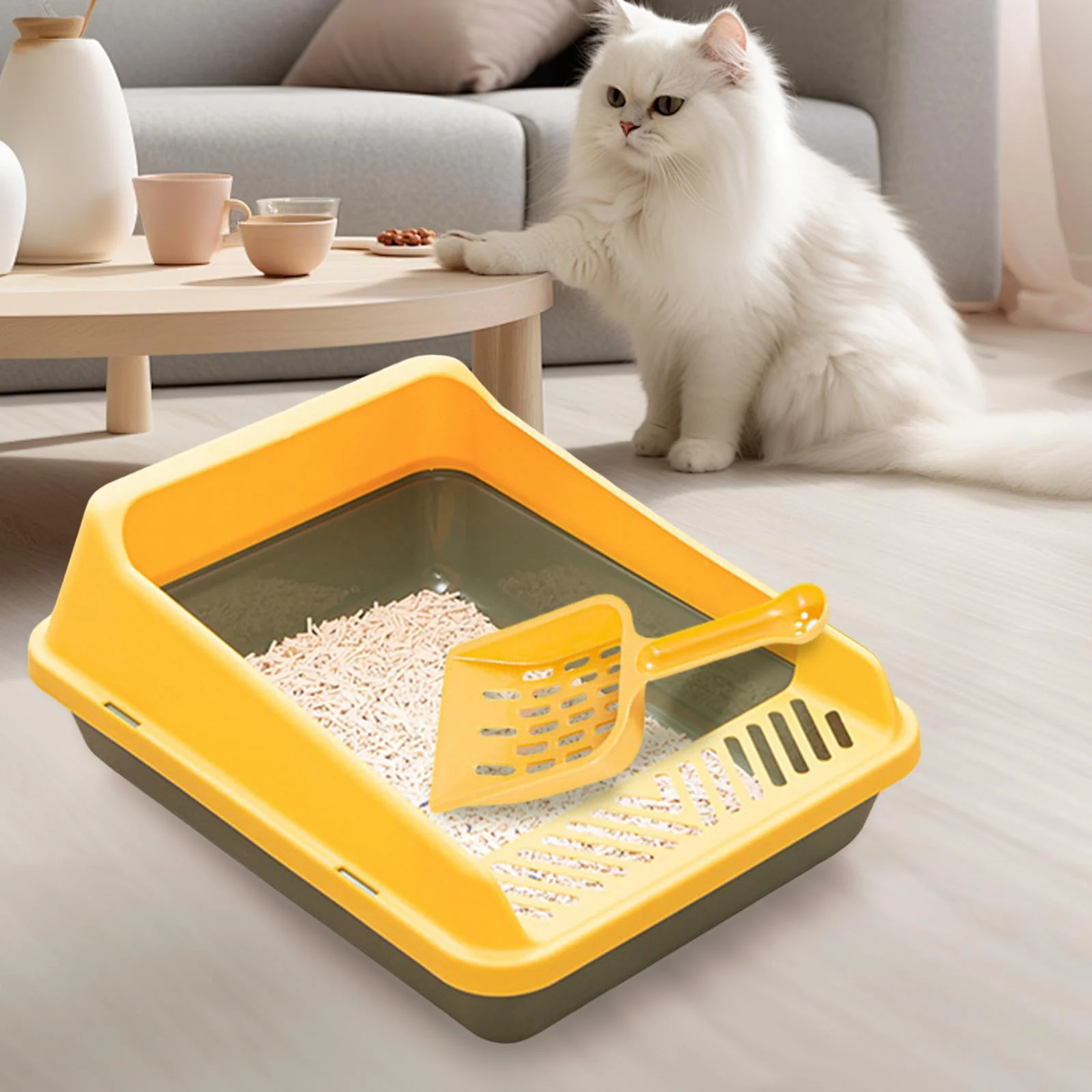 DOLITY High Sided Cat Anti Splashing High Sided Open Top Pet Litter Green Yellow