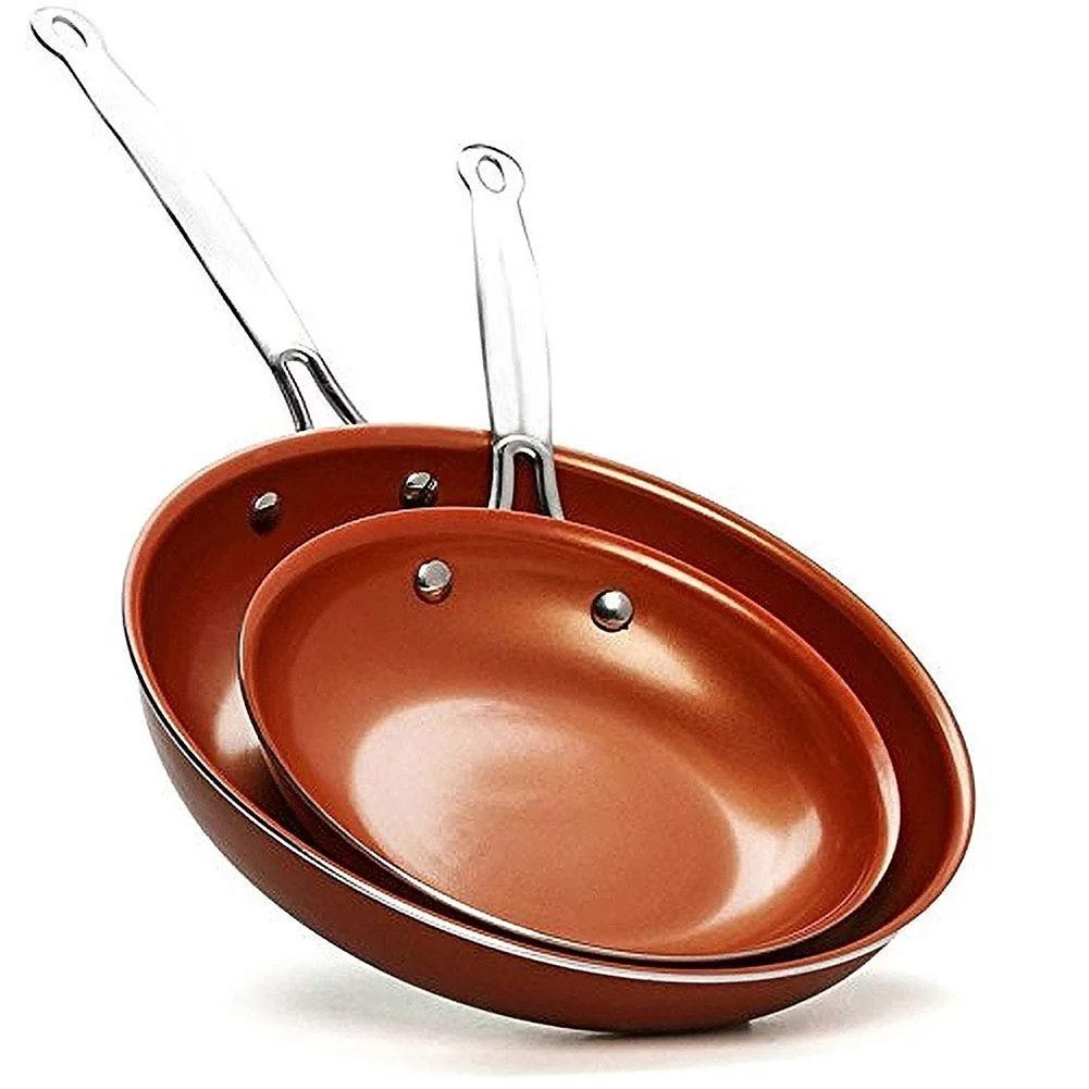 Copper Round Skillet Frying Pan Ceramic Non-Stick Fast Even Heating with Induction Bottom Oven Safe stainless Steel Handle No Oil/Butter Needed Wipes Clean & Dishwasher Safe (8 & 10 Inch combo set)