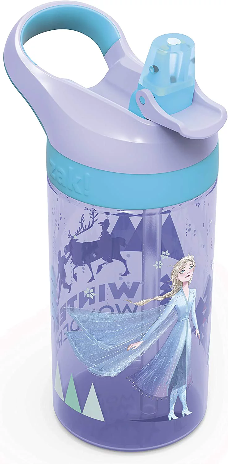 Zak Designs Disney Frozen 2 Kids Straw and Built in Carrying Loop Made of Durable Plastic, Leak-Proof Water Bottle Design, 16 oz, Elsa, FRZH-T383