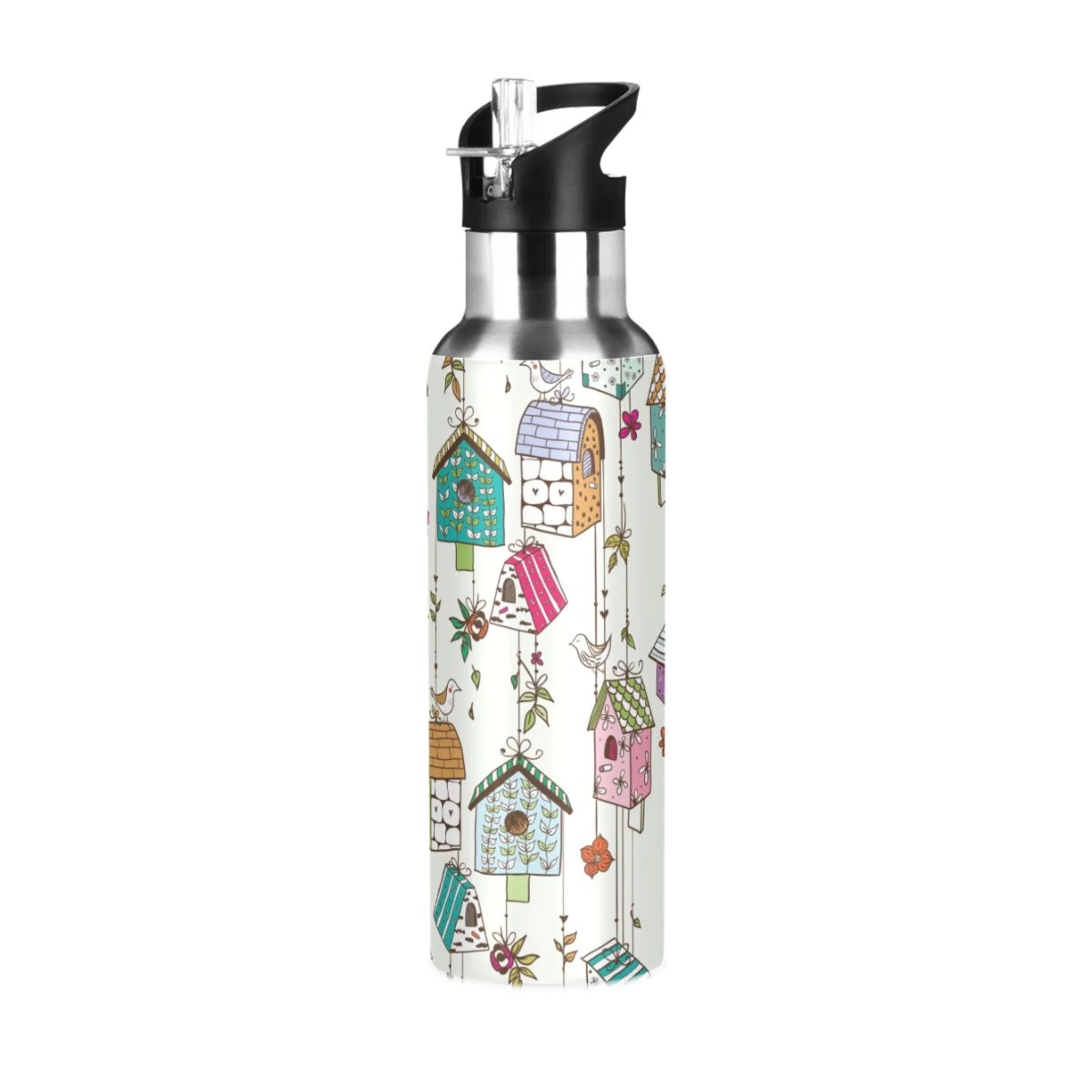 Water Bottle with Straw Lid Leak Cartoon Cute Bird and Home Stainless Steel Insulated Thermos Vacuum Flask for Cold Hot Drinking for Sports Camping Gym Yoga