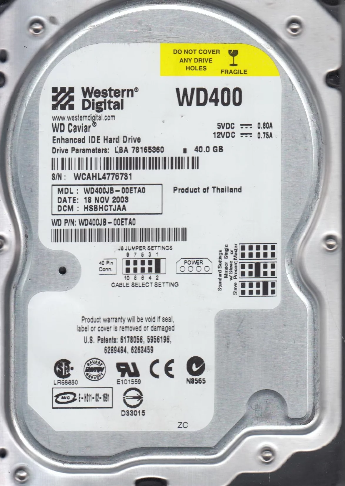 WD400JB-00ETA0, DCM HSBHCTJAA, Western Digital 40GB IDE 3.5 Hard Drive