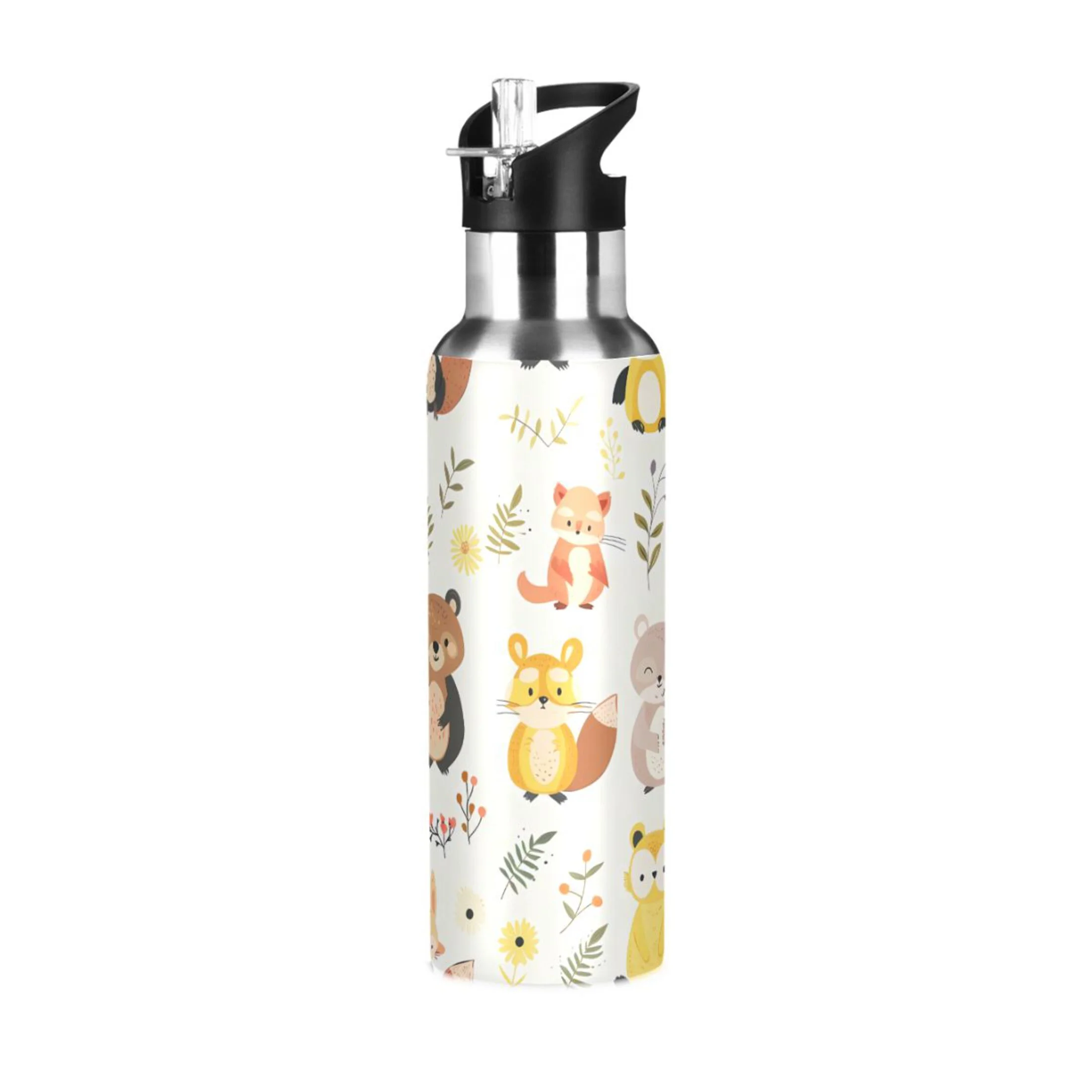 Cartoon Fox Rabbit Animals Water Bottles Insulated Thermos Kids Stainless Steel Bottle with Straw Lid Flask Leakproof for Sports Gym 20 oz