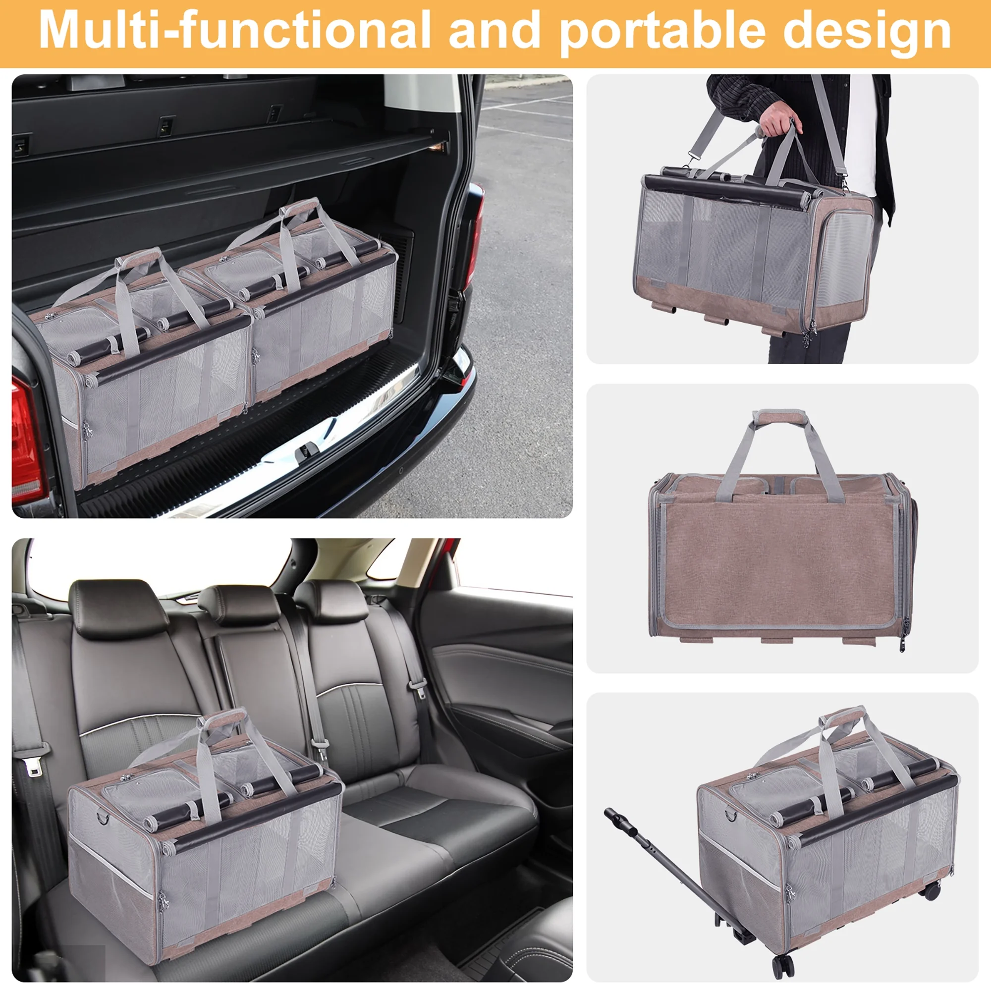 Rolling Cat Carrier with Wheels for 2 Cats, Double-Compartment Foldable Pet Carrier, Apricot