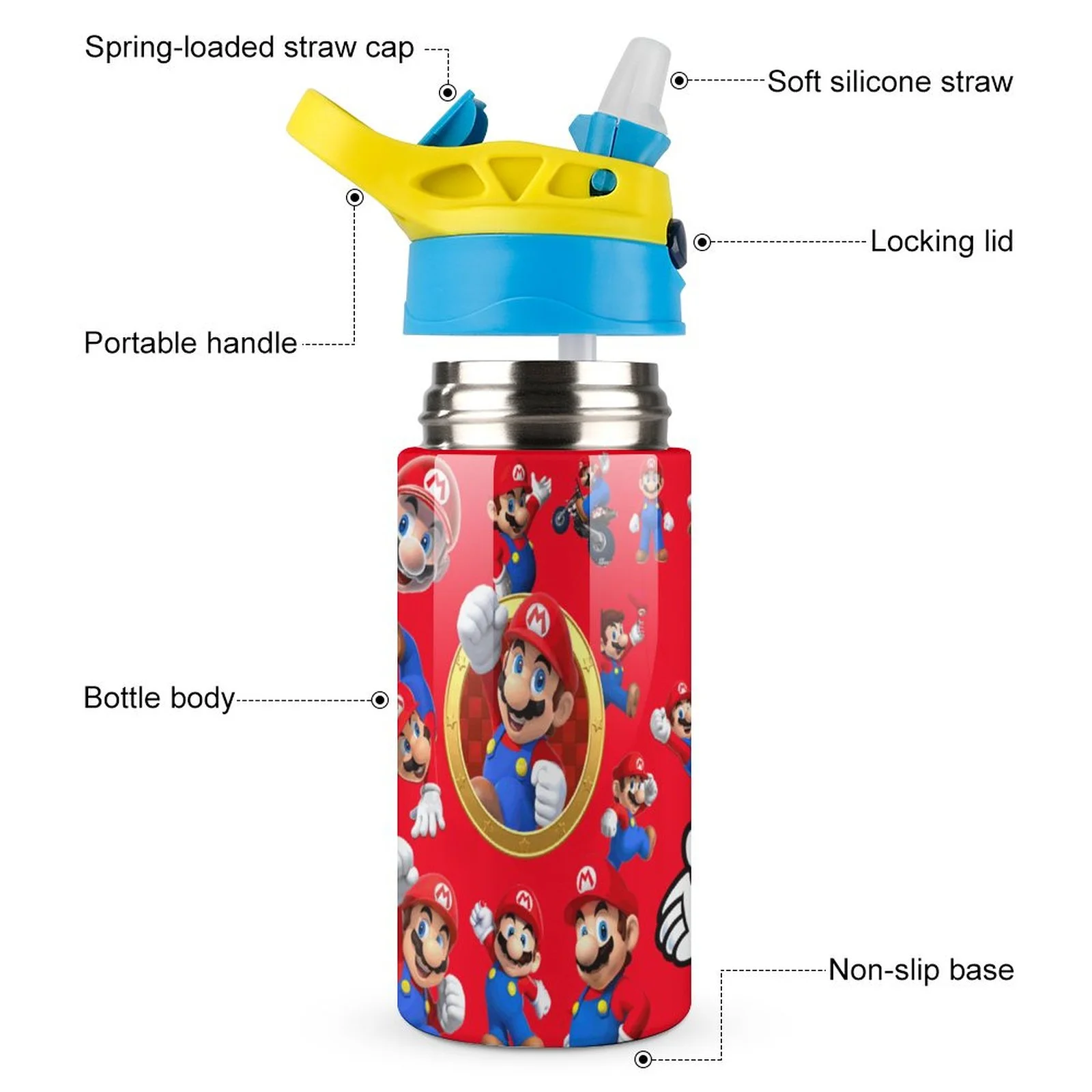 Mario Character Kid's Insulated Water Bottle With Straw Vacuum Stainless Steel Cup Leak-Proof Children Toddler Thermoses