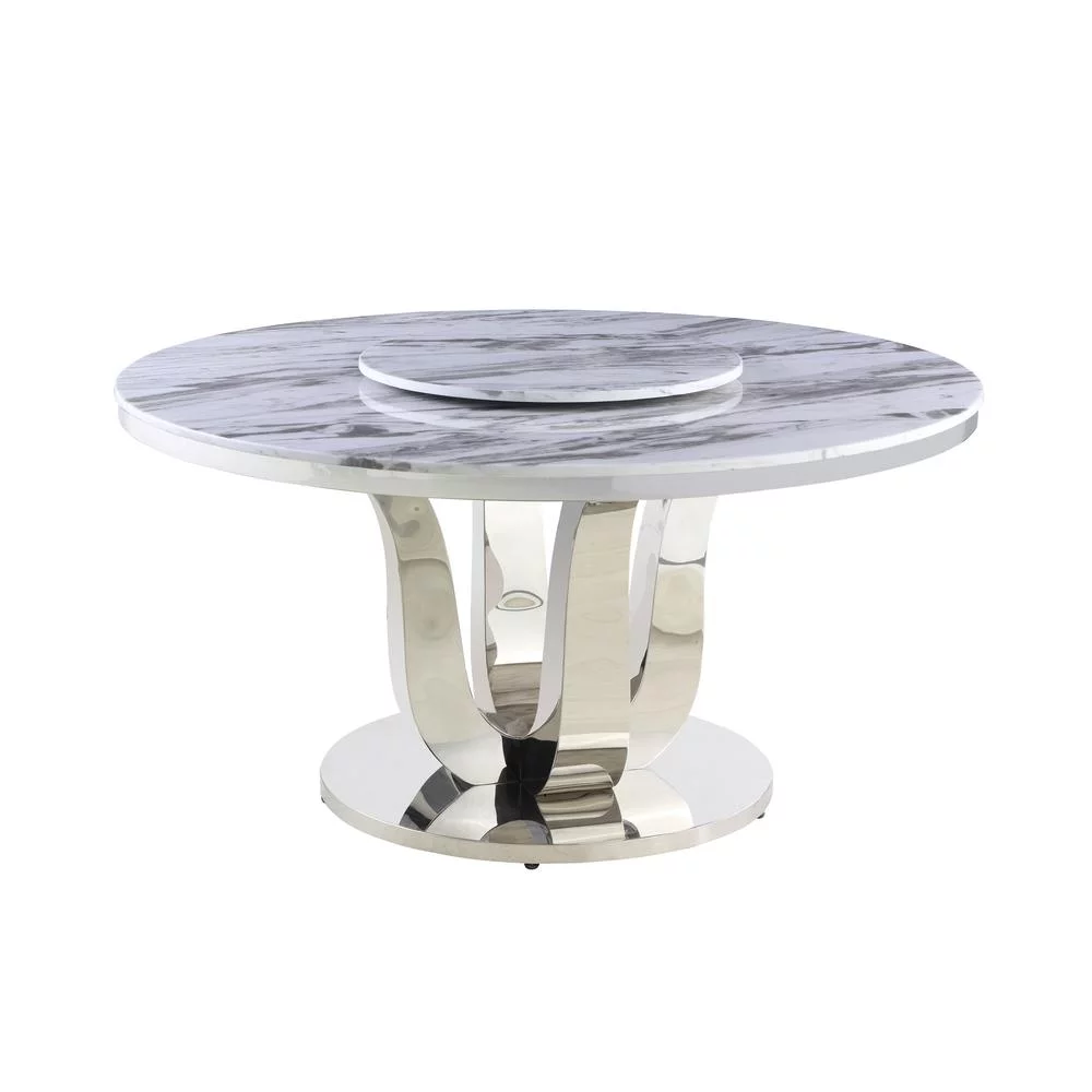 6pc. White Marble Dining Set with Lazy Susan and Silver Stainless Steel