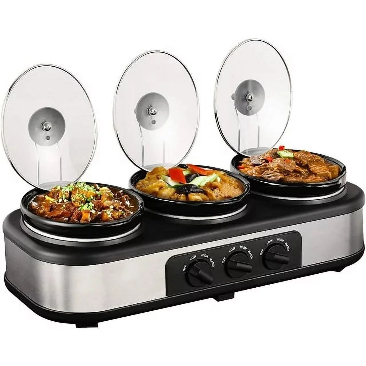 CozyHom 3-Pot Electric Slow Cooker, 4.5 Qt Food Warmer Pot with Adjustable Temp Removable Pots Lid Rests Pot, Black