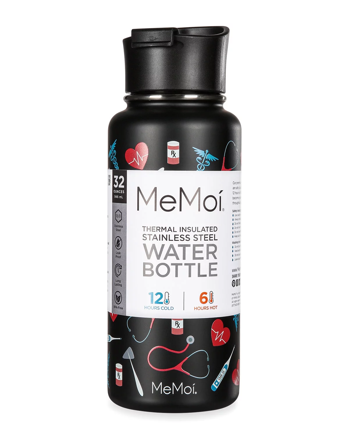 MeMoi Thermal Insulated Stainless Steel Medical 32 Oz Water Bottle