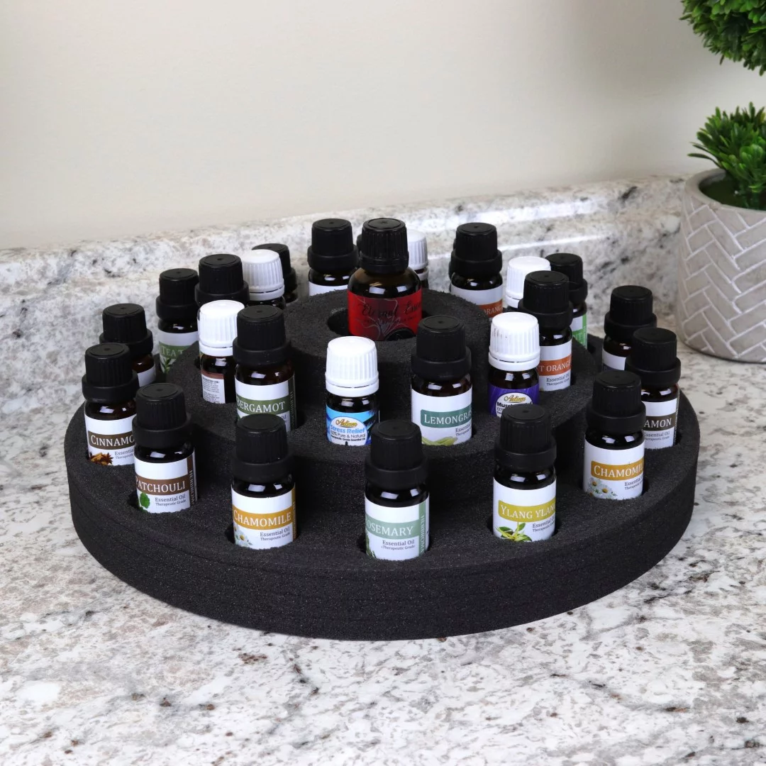 Polar Whale Essential Oil Storage Organizer 3 Tier Display Rack for Home Bathroom Bedroom Office Elegant Modern Durable Black Foam Holds 20 (5ml to 15ml), 6 (5ml) and 1 (30ml to 100ml) Bottles