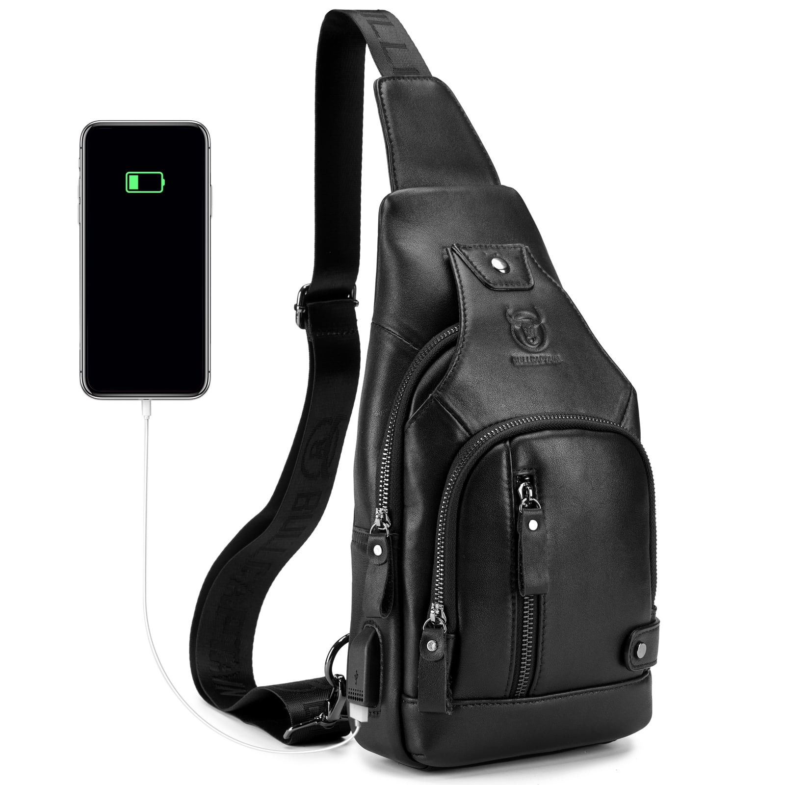 BULLCAPTAIN Men Leather Sling Bag Casual Shoulder Chest Crossbody Bag Hiking Travel Daypack with USB Charging Port